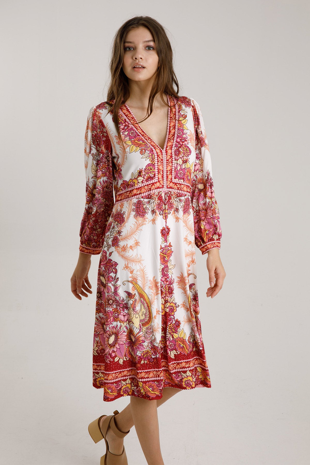 Hale Bob V Yaka Midi Elbise-Libas Trendy Fashion Store