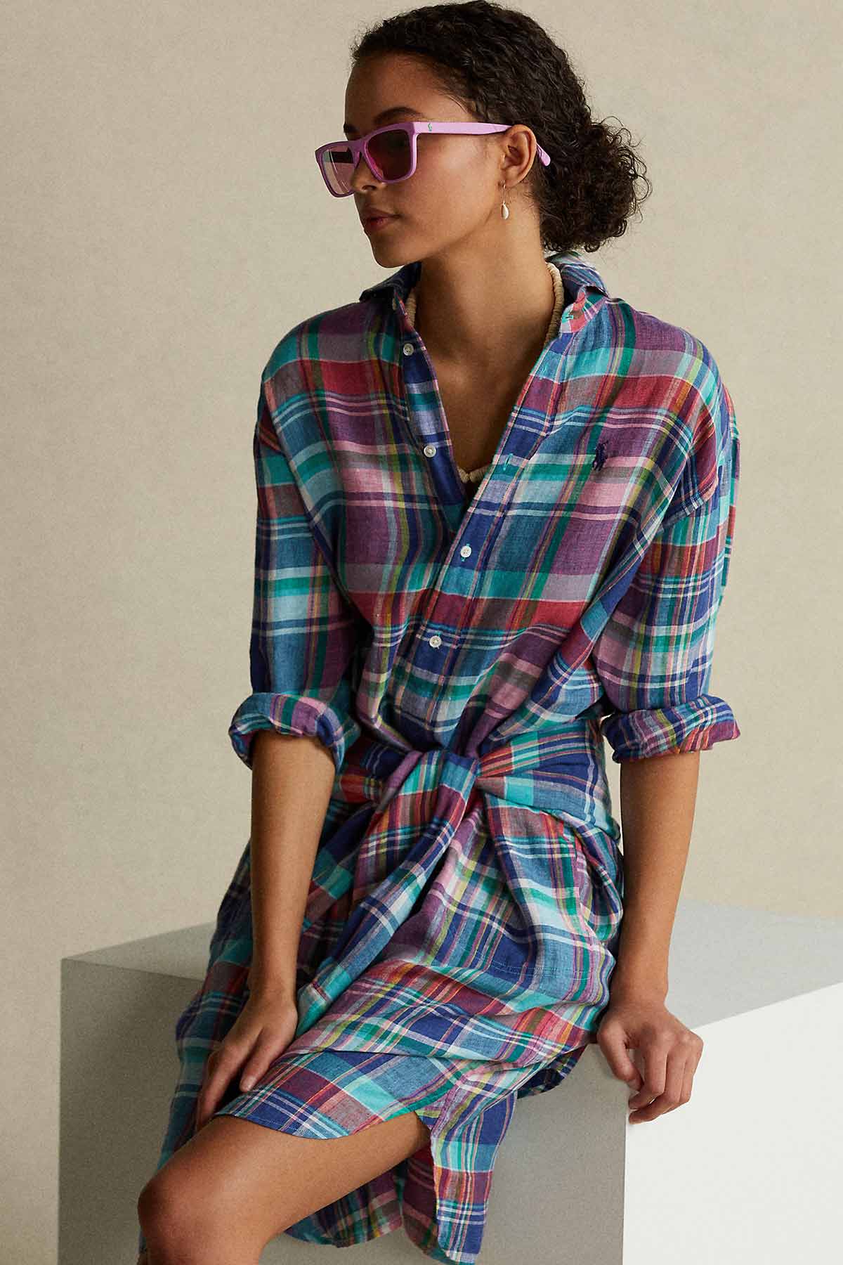 Polo Ralph Lauren Relaxed Fit Ekoseli Keten Gömlek Elbise-Libas Trendy Fashion Store