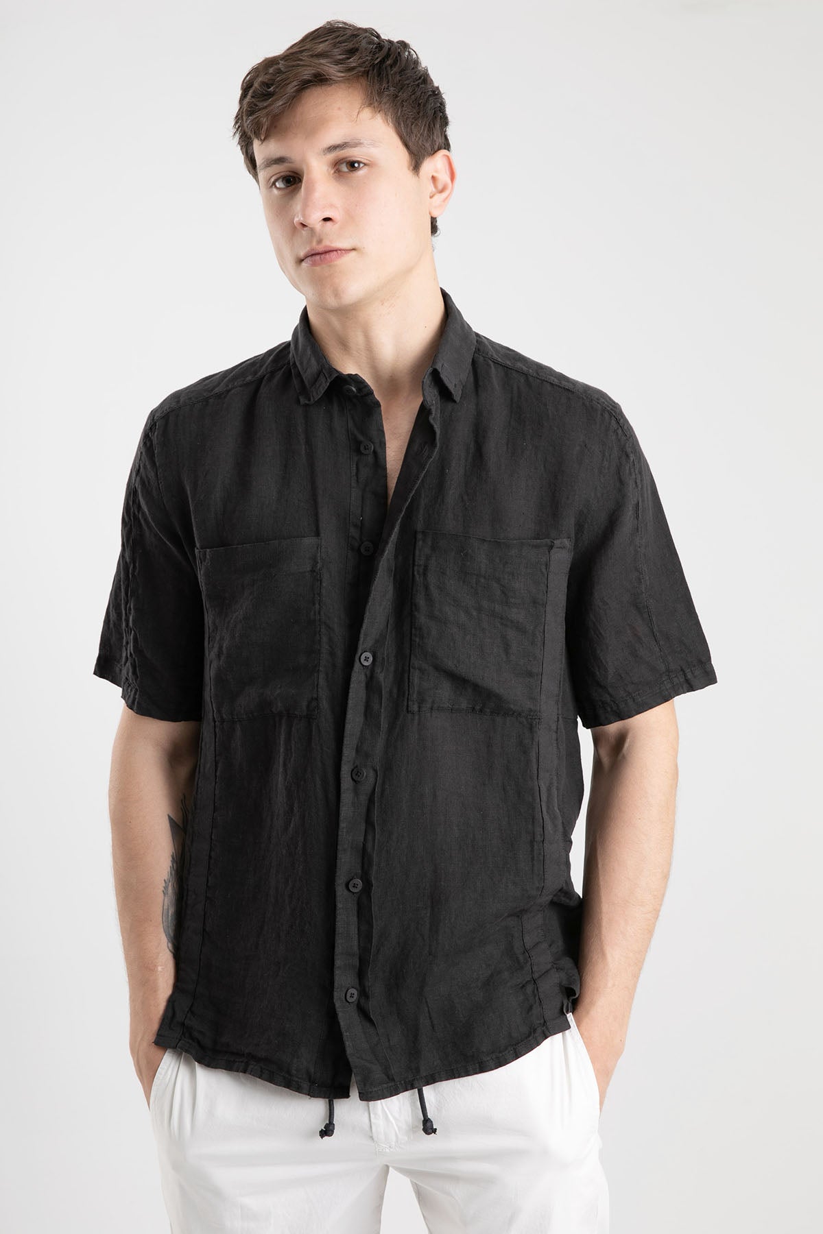 Transit Kısa Kollu Cep Detaylı Keten Gömlek-Libas Trendy Fashion Store