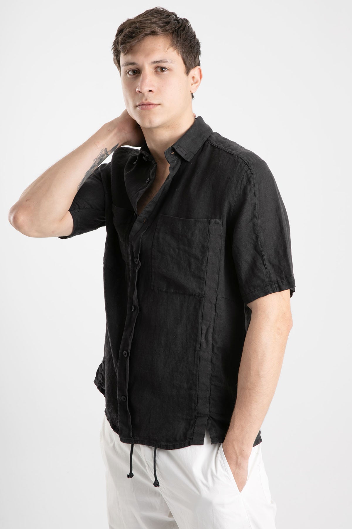 Transit Kısa Kollu Cep Detaylı Keten Gömlek-Libas Trendy Fashion Store