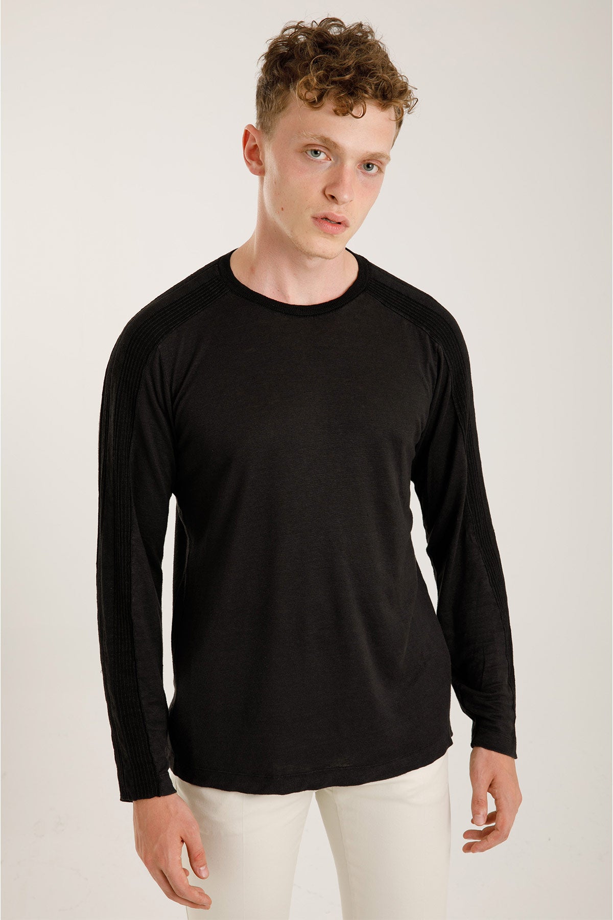 Transit Keten Karışımlı Yuvarlak Yaka Uzun Kollu Triko T-shirt-Libas Trendy Fashion Store