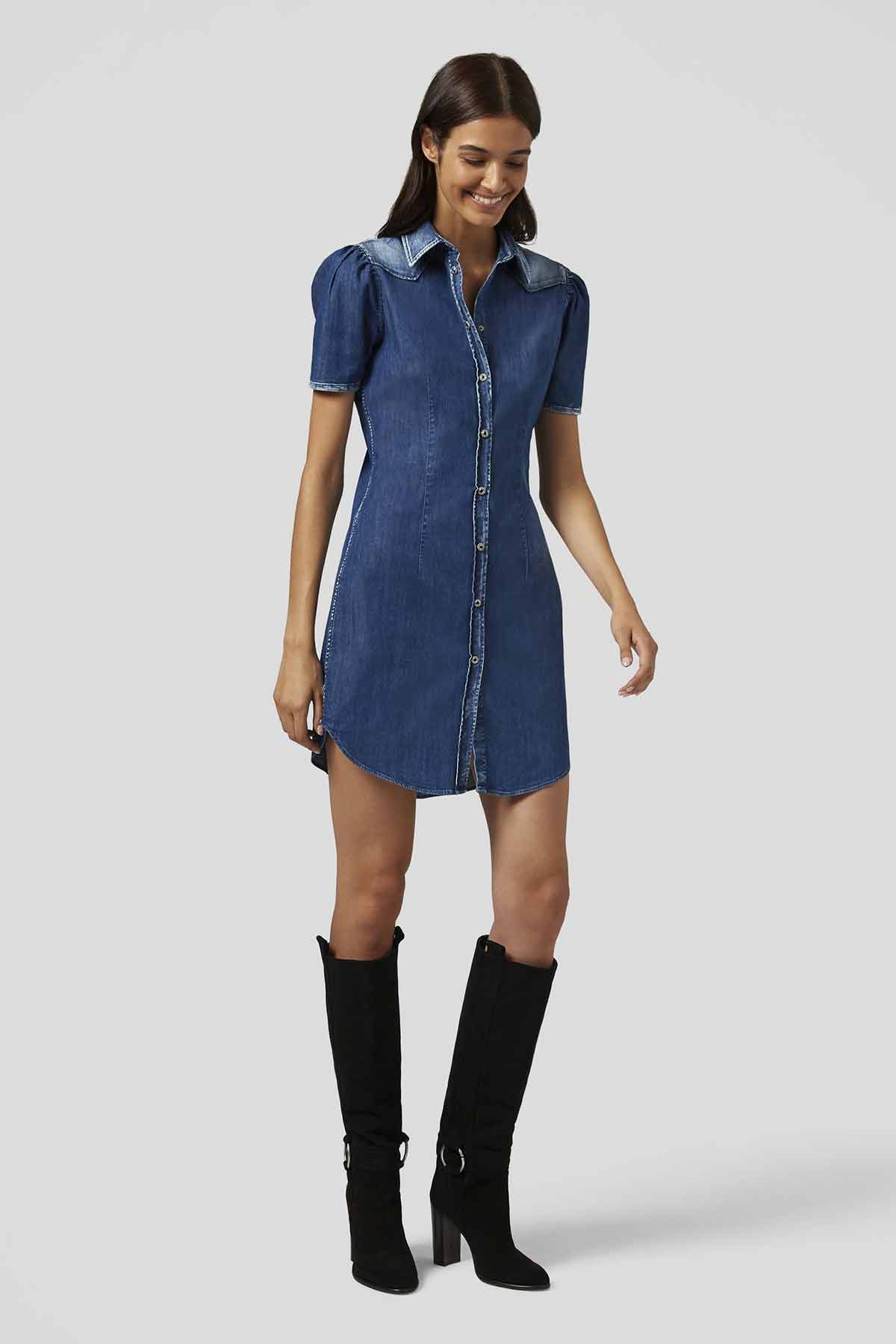 Dondup Omuz Pileli Mini Denim Elbise-Libas Trendy Fashion Store