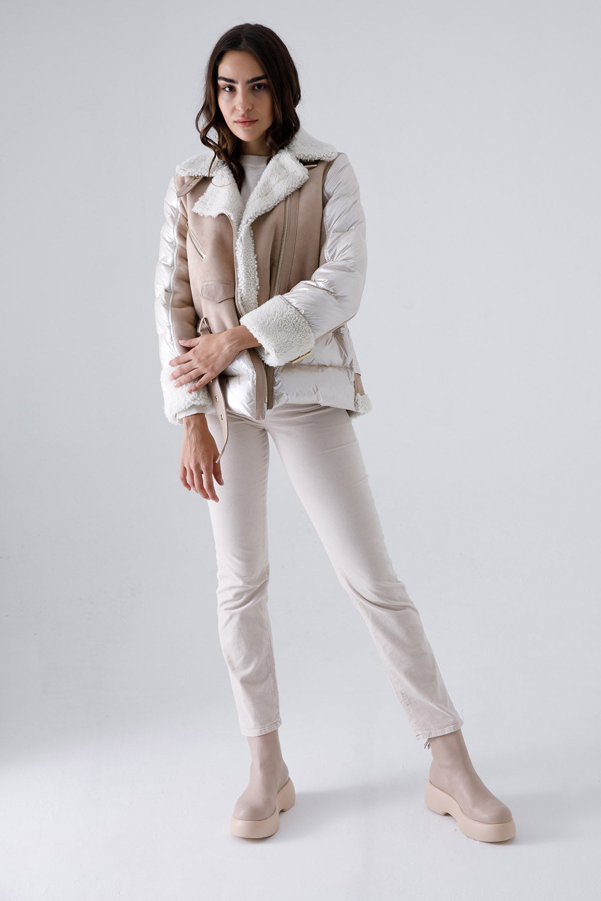 Flo & Clo Kemerli Deri Shearling Puffer Kaban-Libas Trendy Fashion Store
