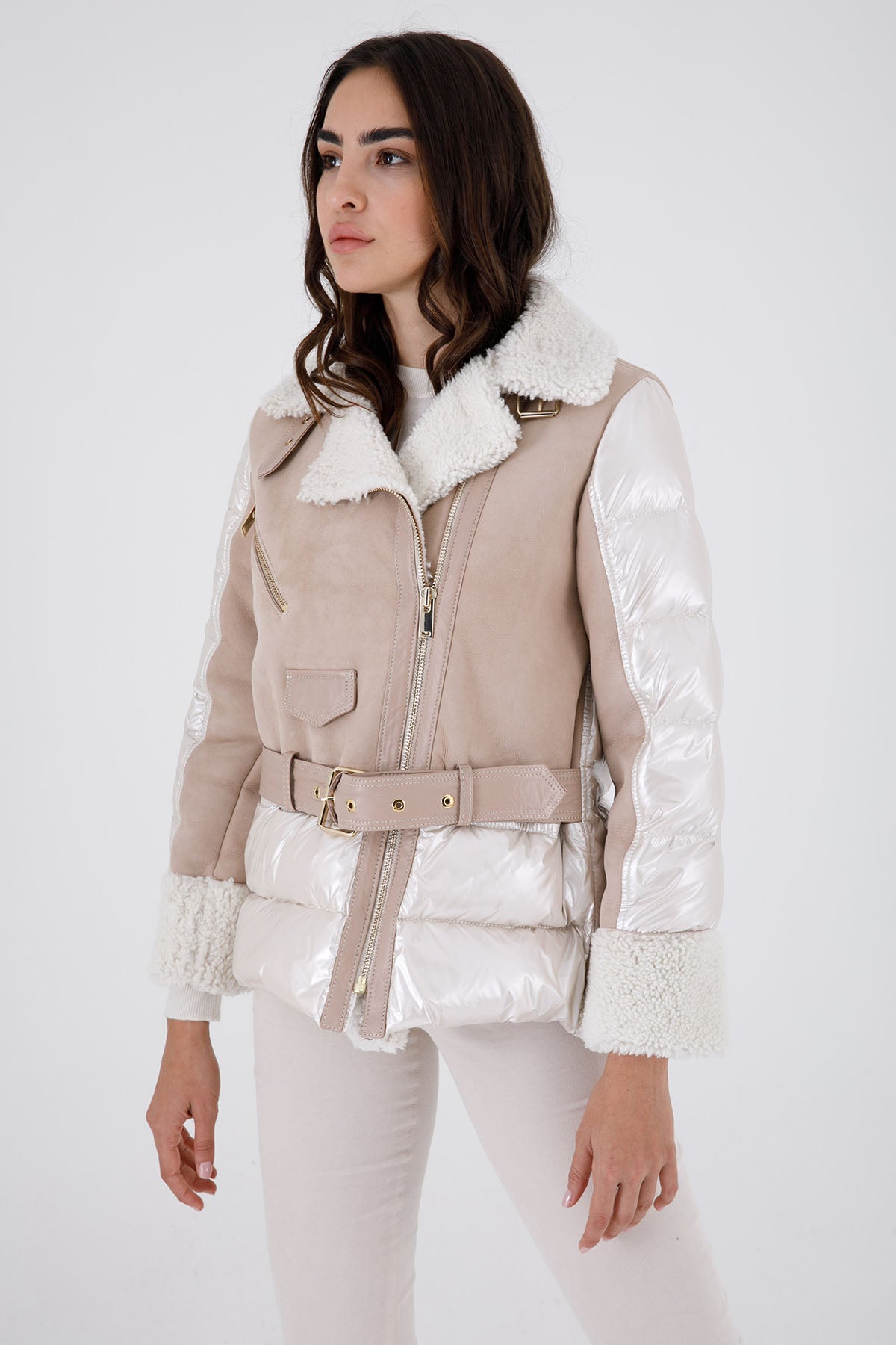 Flo & Clo Kemerli Deri Shearling Puffer Kaban-Libas Trendy Fashion Store