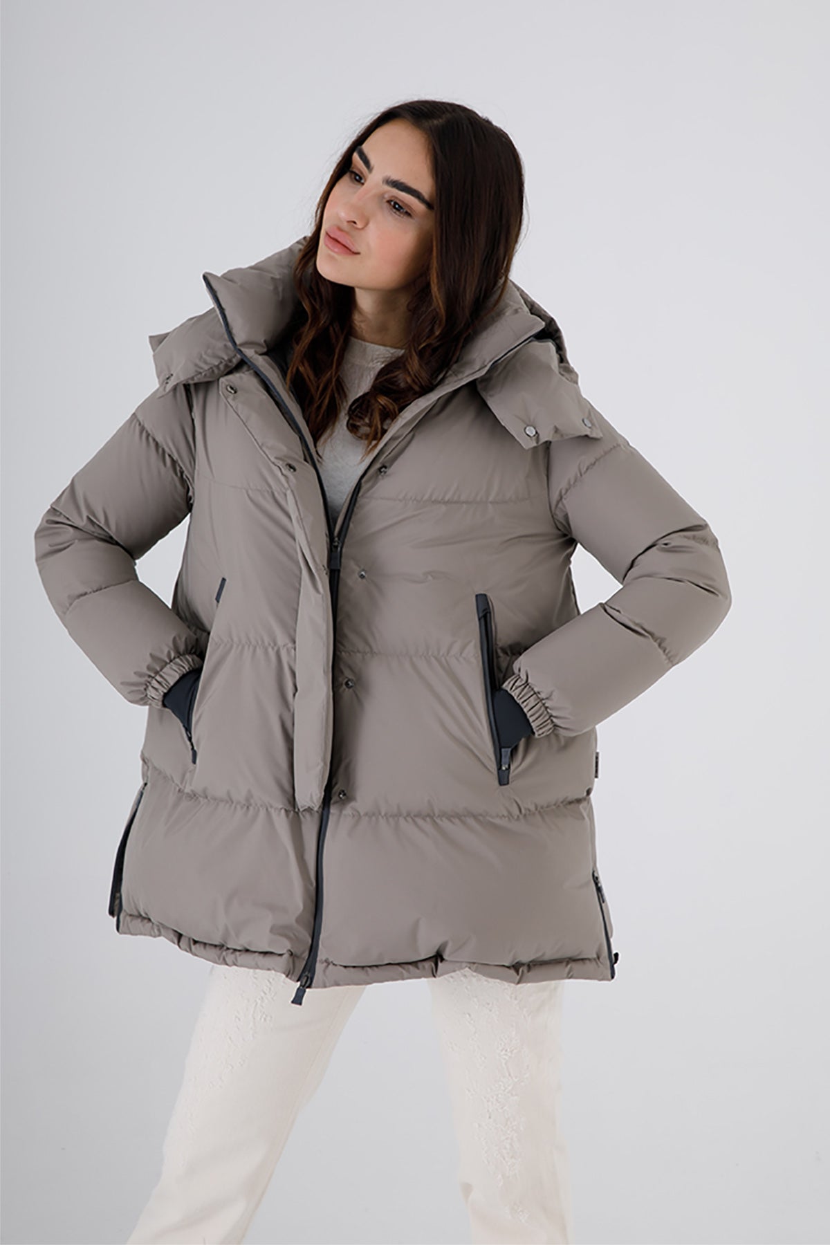 Herno Laminar Yandan Fermuarlı Kapüşonlu Puffer Kaban-Libas Trendy Fashion Store