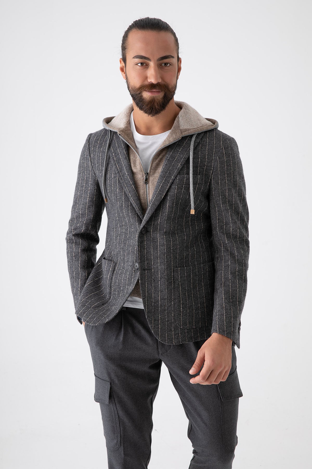 Fradi İç Yelekli Çizgili Yün Ceket-Libas Trendy Fashion Store