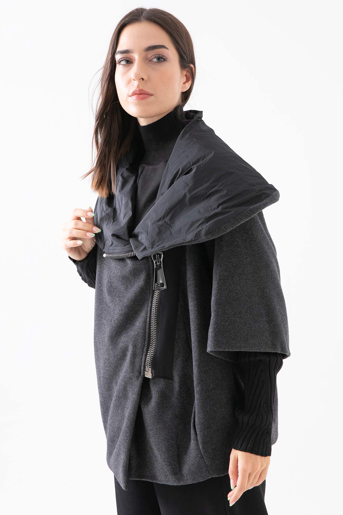 Crea Concept Asimetrik Fermuar Kabarık Yaka Yün Kaban-Libas Trendy Fashion Store