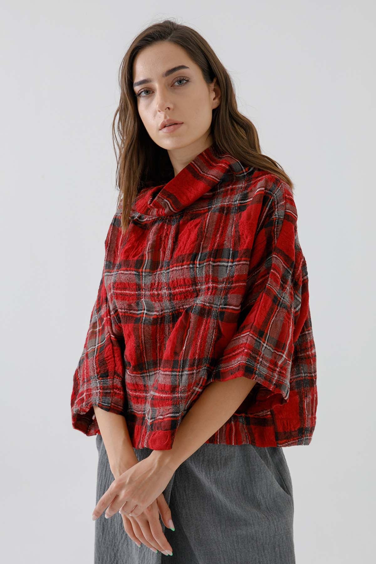 Crea Concept Ekoseli Şal Yaka Bluz-Libas Trendy Fashion Store