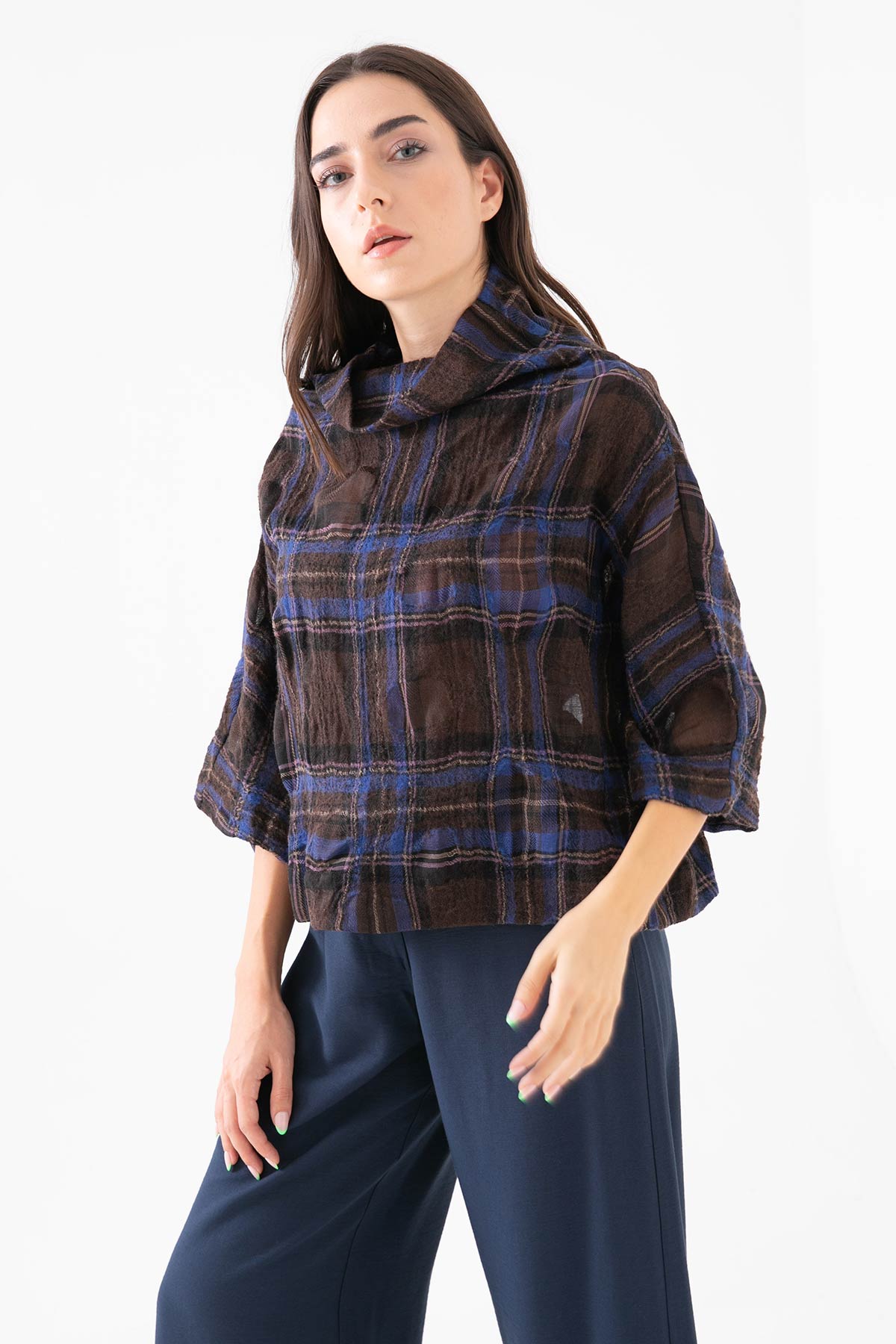 Crea Concept Ekoseli Şal Yaka Yün Bluz-Libas Trendy Fashion Store