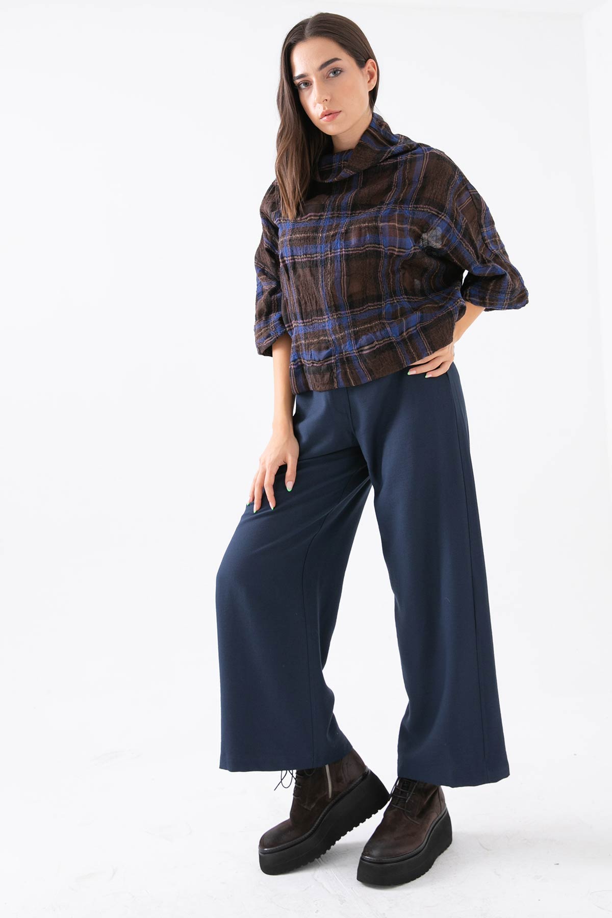 Crea Concept Ekoseli Şal Yaka Yün Bluz-Libas Trendy Fashion Store