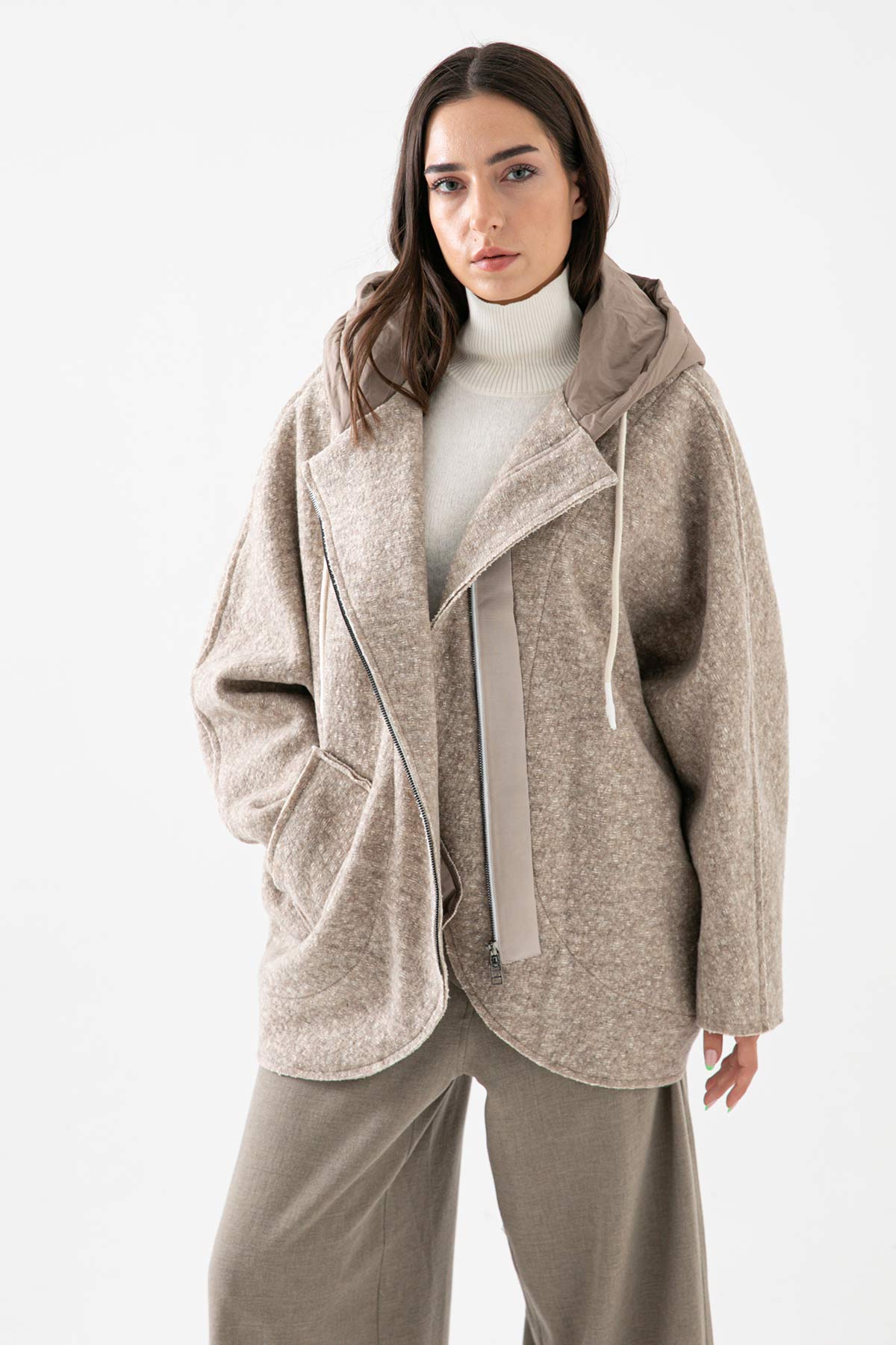Crea Concept Kapüşonlu Asimetrik Yün Ceket-Libas Trendy Fashion Store