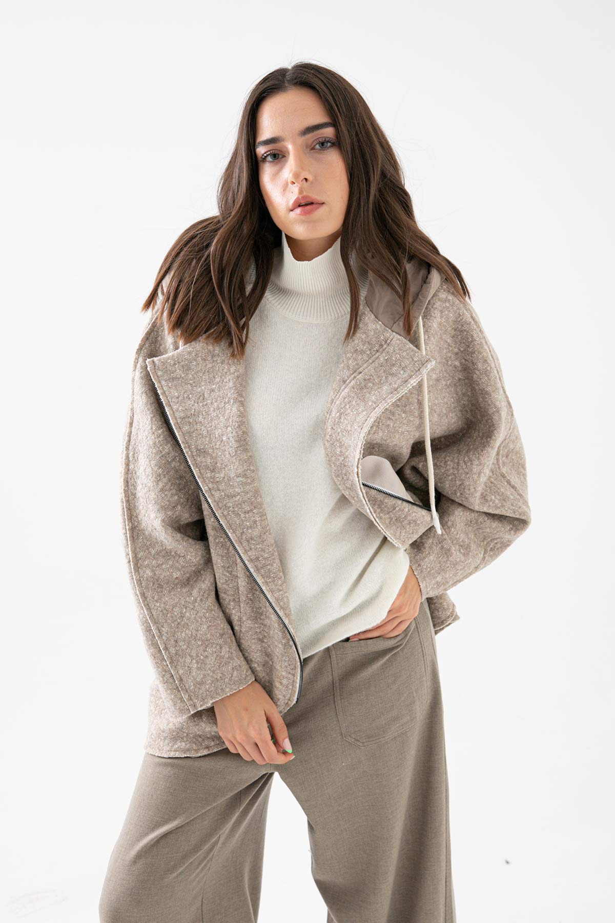 Crea Concept Kapüşonlu Asimetrik Yün Ceket-Libas Trendy Fashion Store
