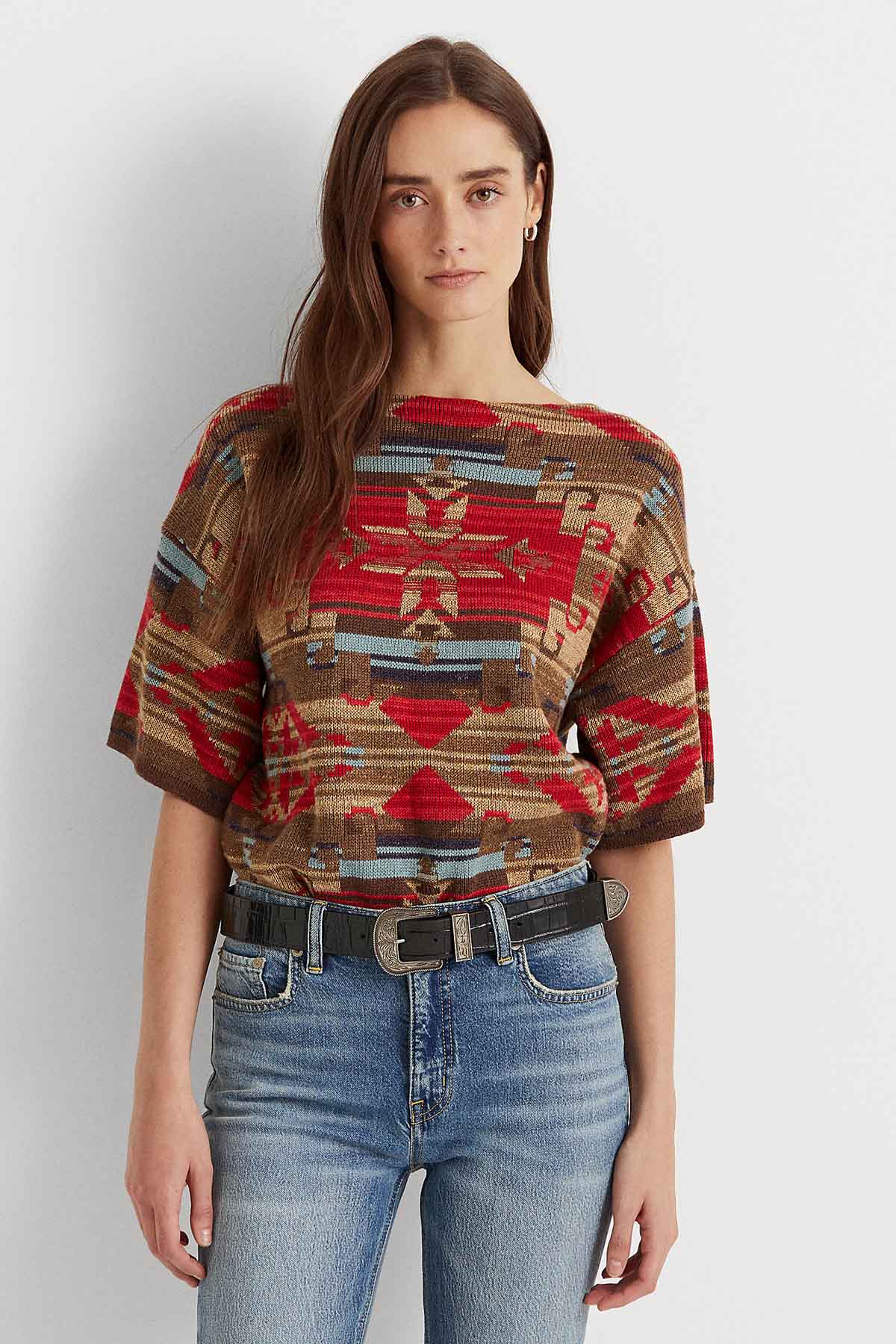 Polo Ralph Lauren Kayık Yaka Etnik Desenli Boxy Fit Triko-Libas Trendy Fashion Store