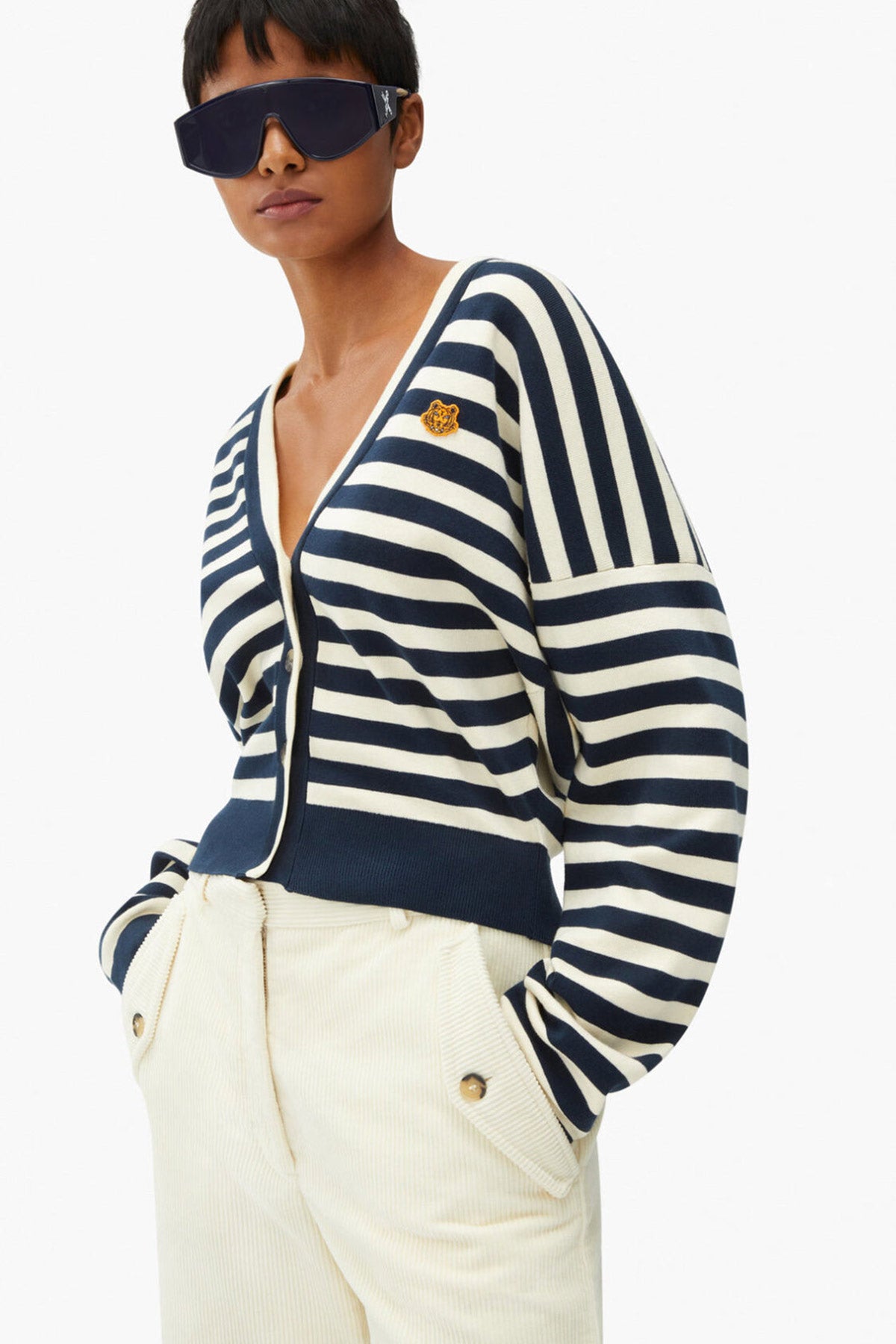 Kenzo V Yaka Kaplan Logolu Çizgili Triko Ceket-Libas Trendy Fashion Store