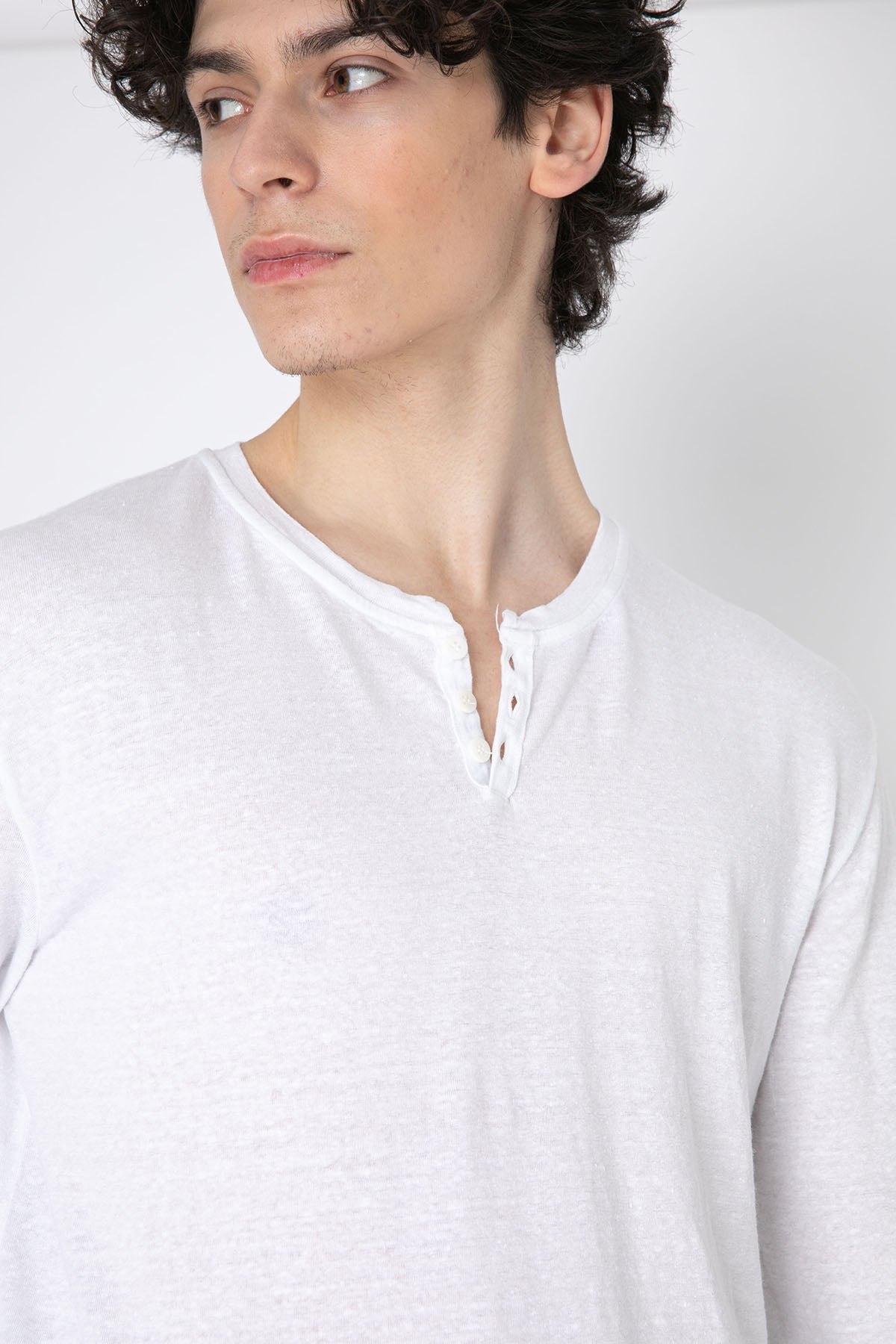 Manifattura Düğmeli Yaka Streç Keten T-shirt-Libas Trendy Fashion Store