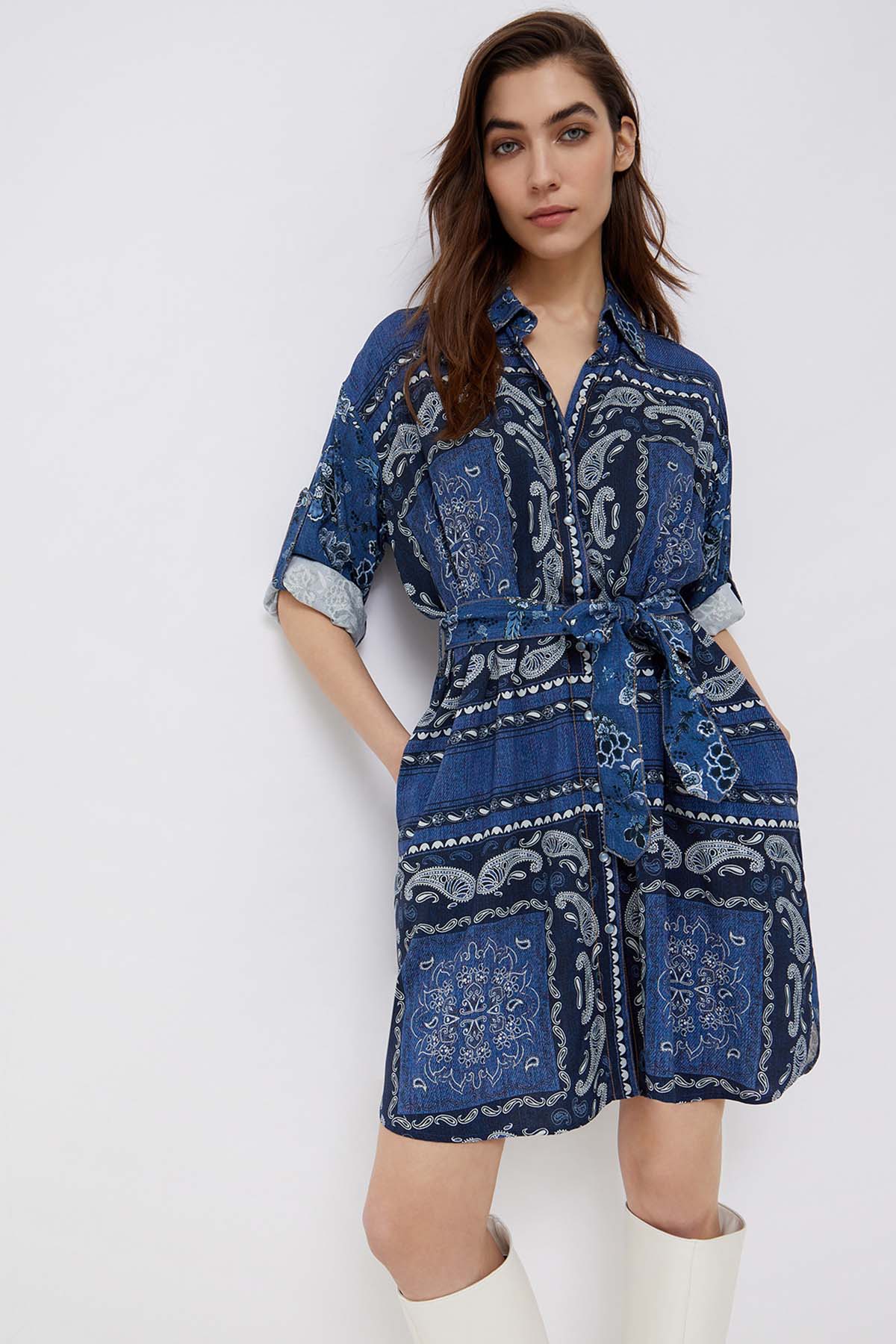 Liu Jo Belden Kuşaklı Şal Desenli Gömlek Elbise-Libas Trendy Fashion Store