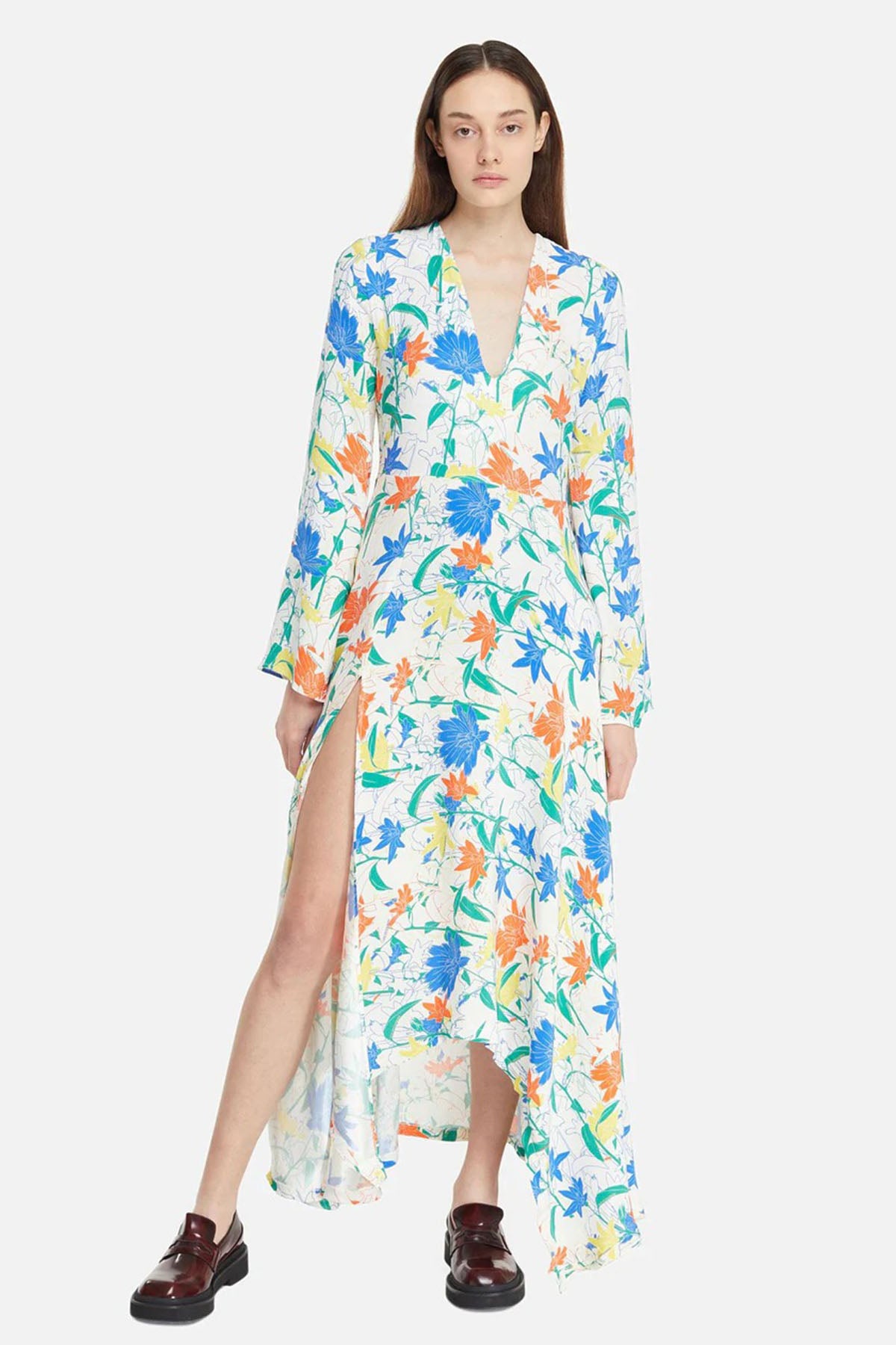 Les Benjamins V Yaka Desenli Asimetrik Kesim Maxi Elbise-Libas Trendy Fashion Store