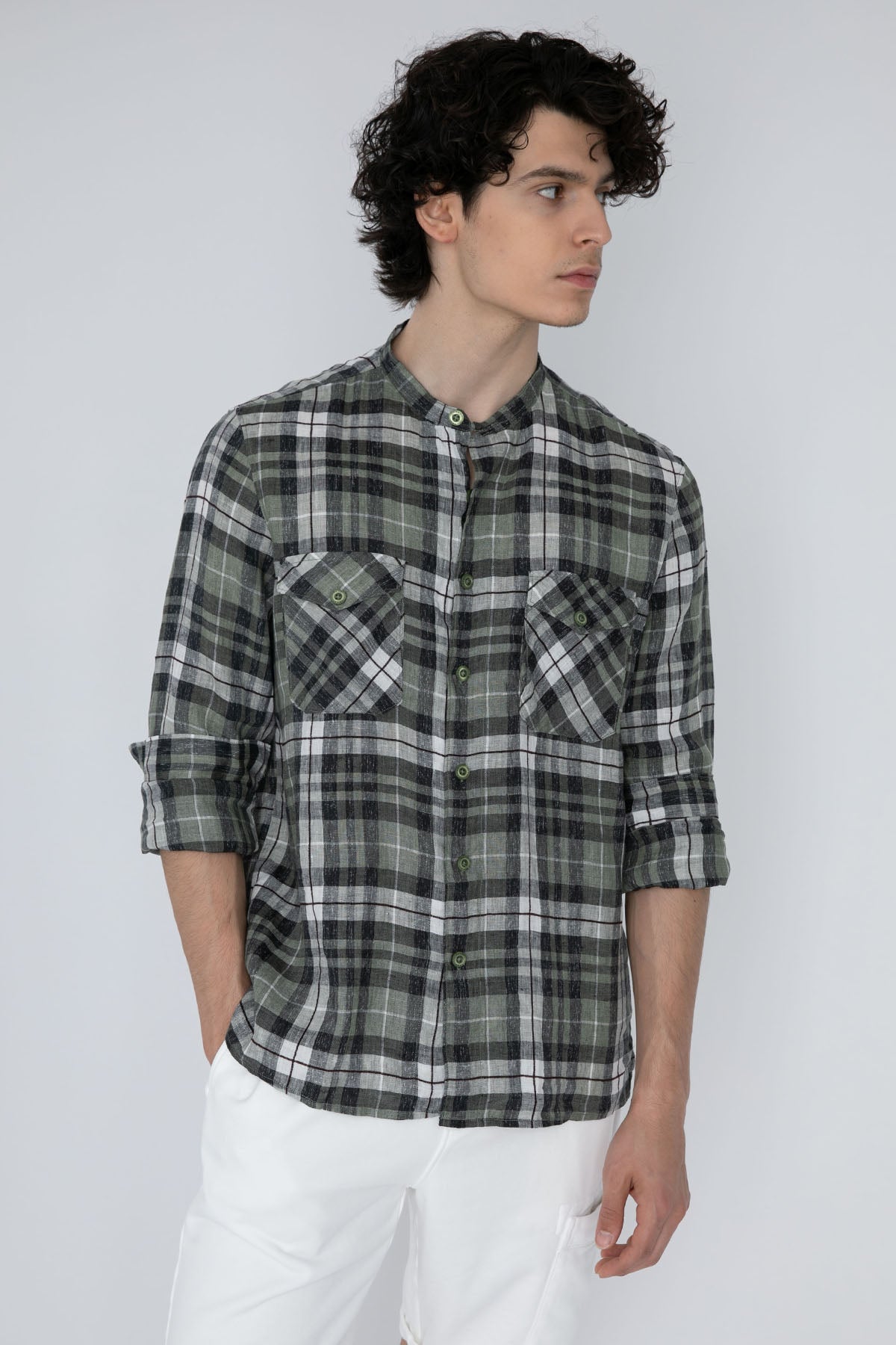 Fradi Hakim Yaka Ekoseli Streç Keten Gömlek-Libas Trendy Fashion Store