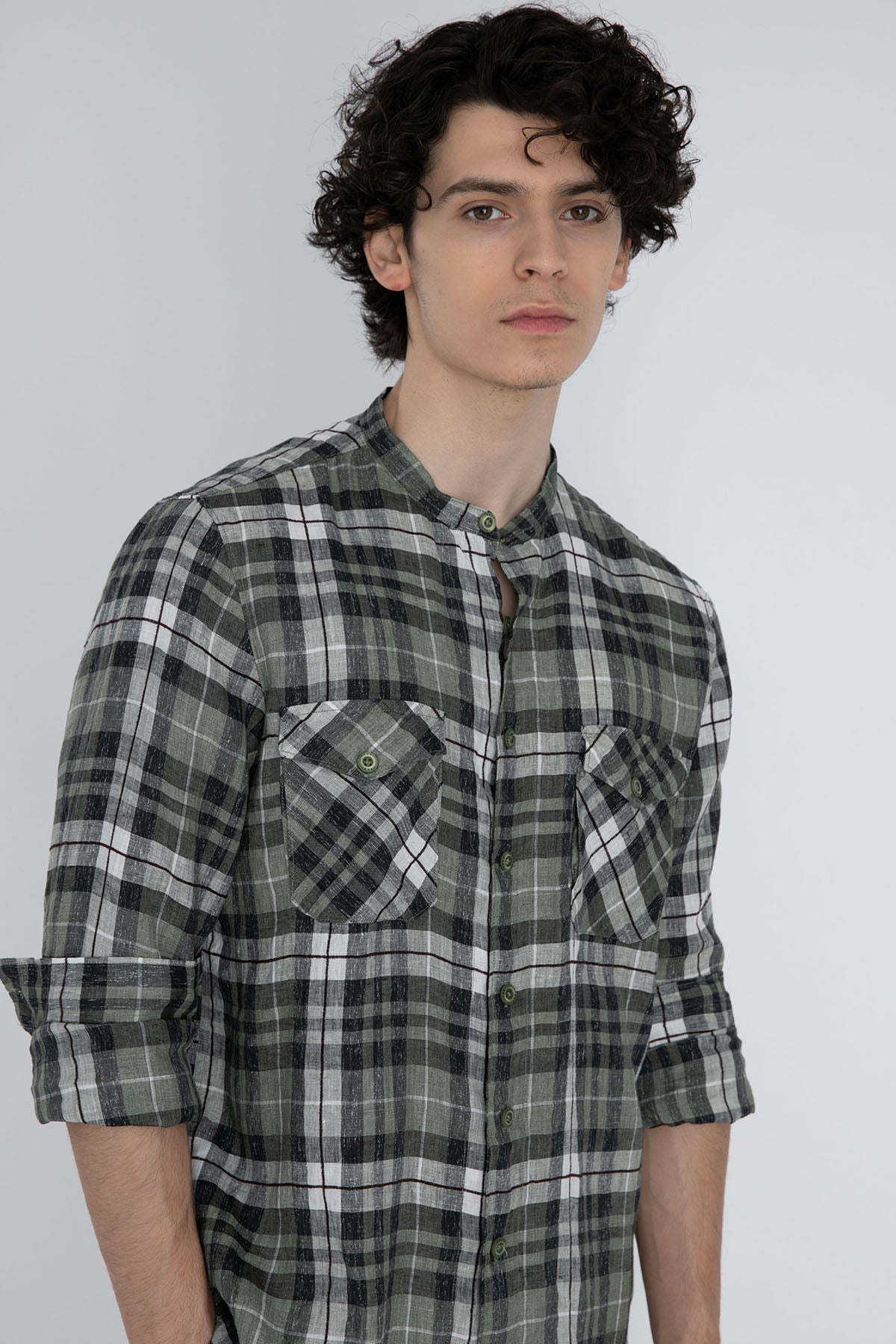 Fradi Hakim Yaka Ekoseli Streç Keten Gömlek-Libas Trendy Fashion Store