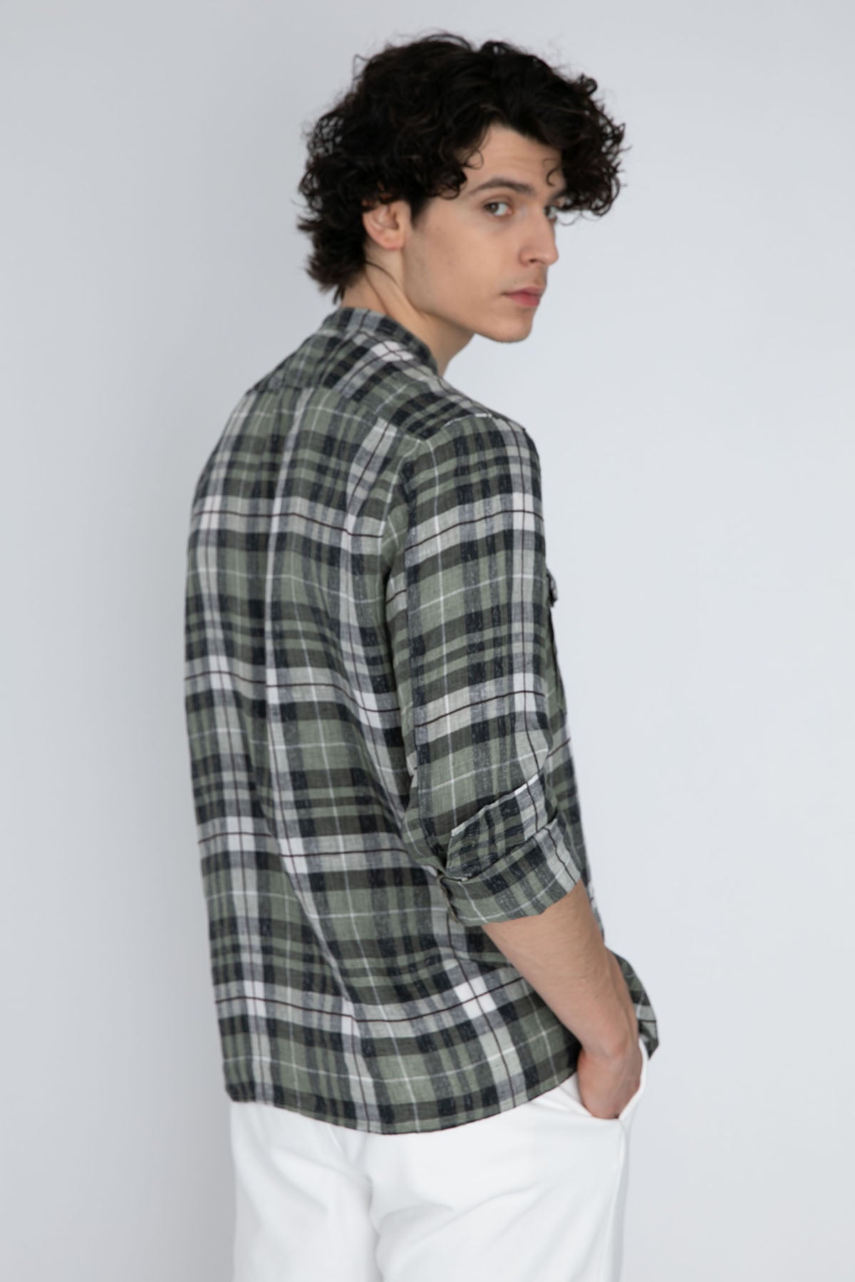 Fradi Hakim Yaka Ekoseli Streç Keten Gömlek-Libas Trendy Fashion Store