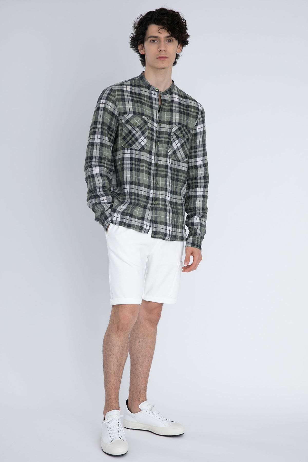 Fradi Hakim Yaka Ekoseli Streç Keten Gömlek-Libas Trendy Fashion Store