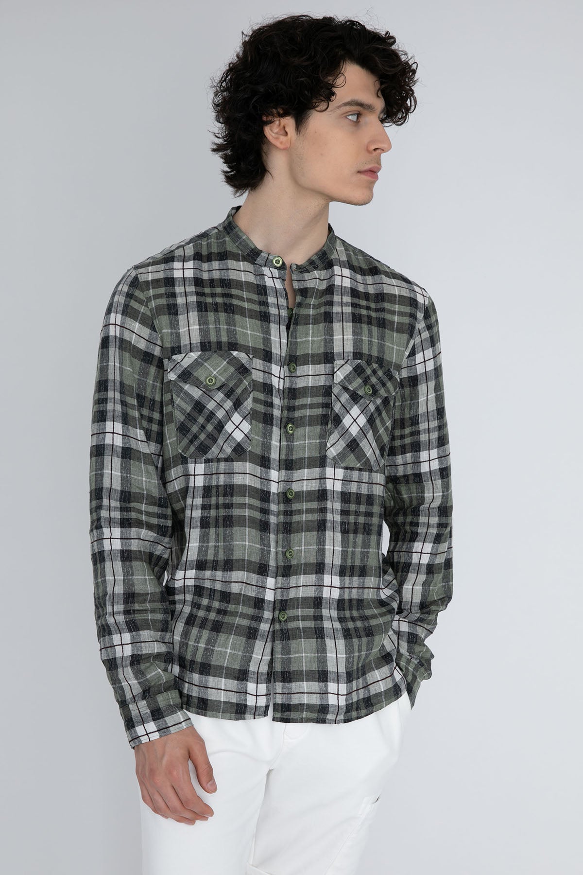 Fradi Hakim Yaka Ekoseli Streç Keten Gömlek-Libas Trendy Fashion Store