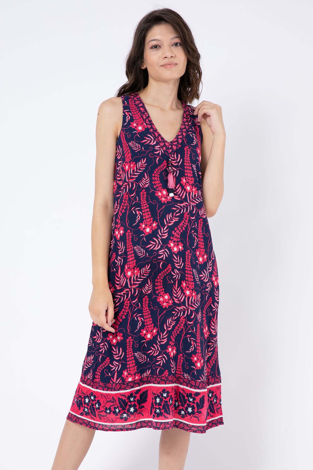 Rene Derhy Ajaccio V Yaka Çiçek Desenli Midi Elbise-Libas Trendy Fashion Store