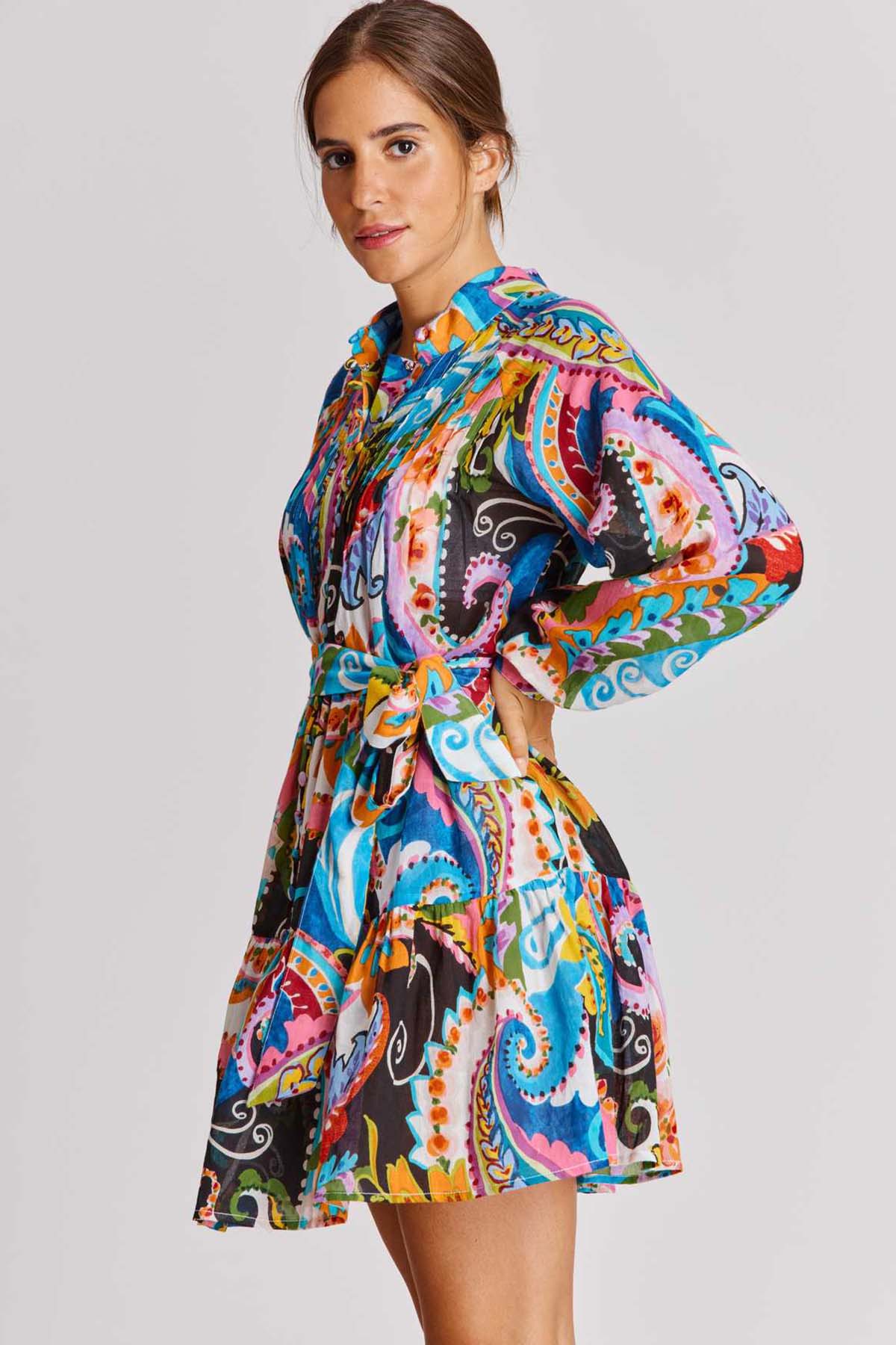 Rene Derhy Aileen Renkli Desenli Piliseli Dizüstü Elbise-Libas Trendy Fashion Store