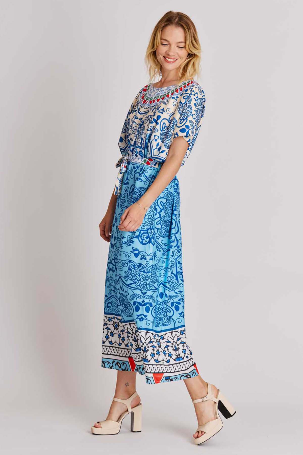 Rene Derhy Acaena Kayık Yaka Desenli Midi Elbise-Libas Trendy Fashion Store