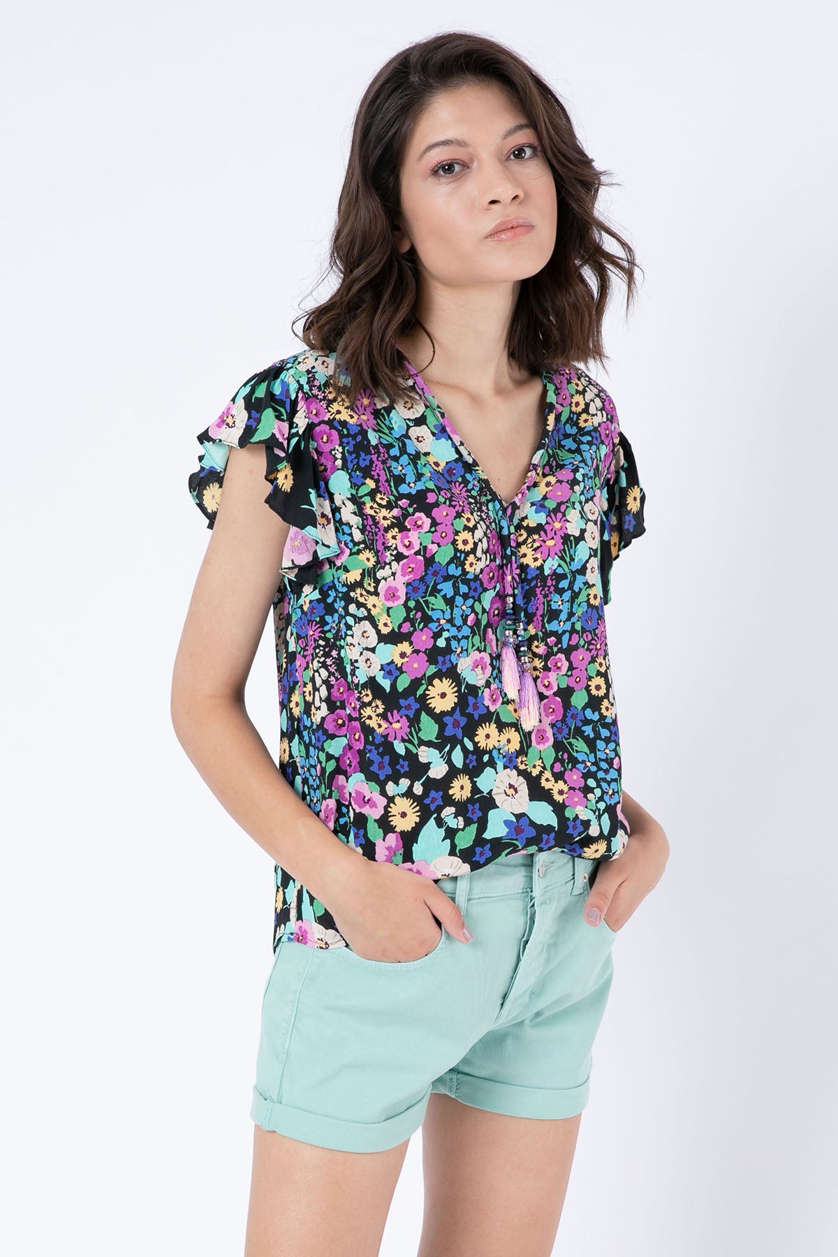 Rene Derhy Deborah V Yaka Desenli Bluz-Libas Trendy Fashion Store