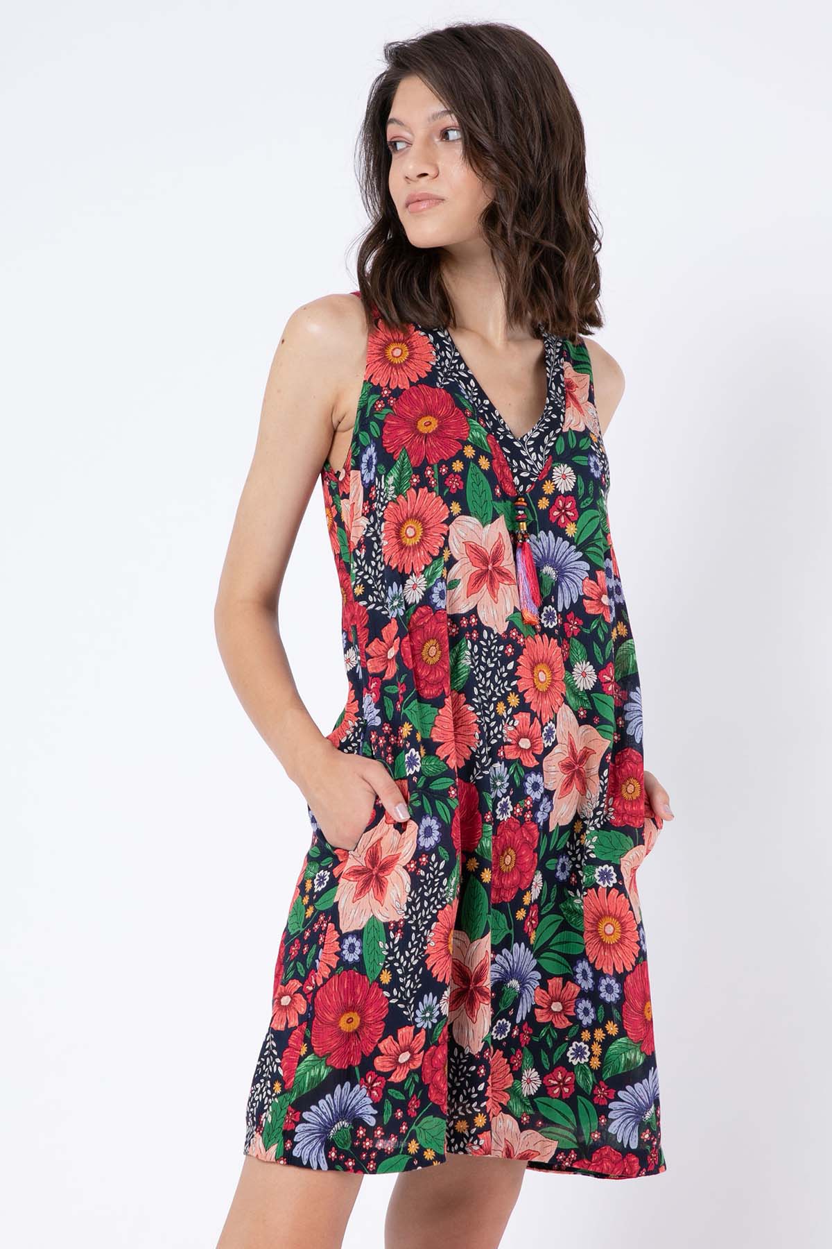 Rene Derhy Ancolie Çiçek Desenli Kolsuz Elbise-Libas Trendy Fashion Store