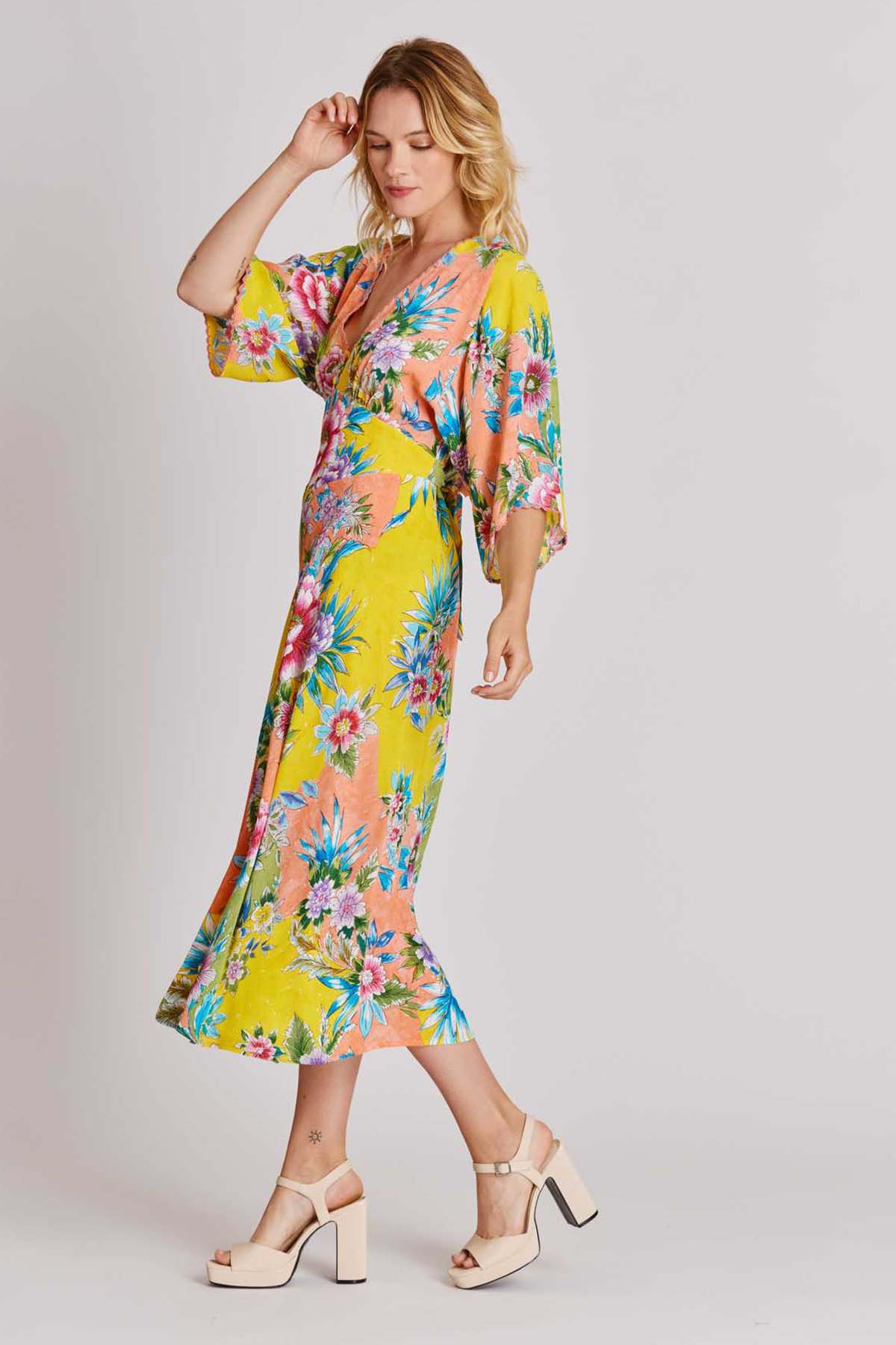 Rene Derhy Amanthe Renkli Çiçek Desenli Midi Elbise-Libas Trendy Fashion Store