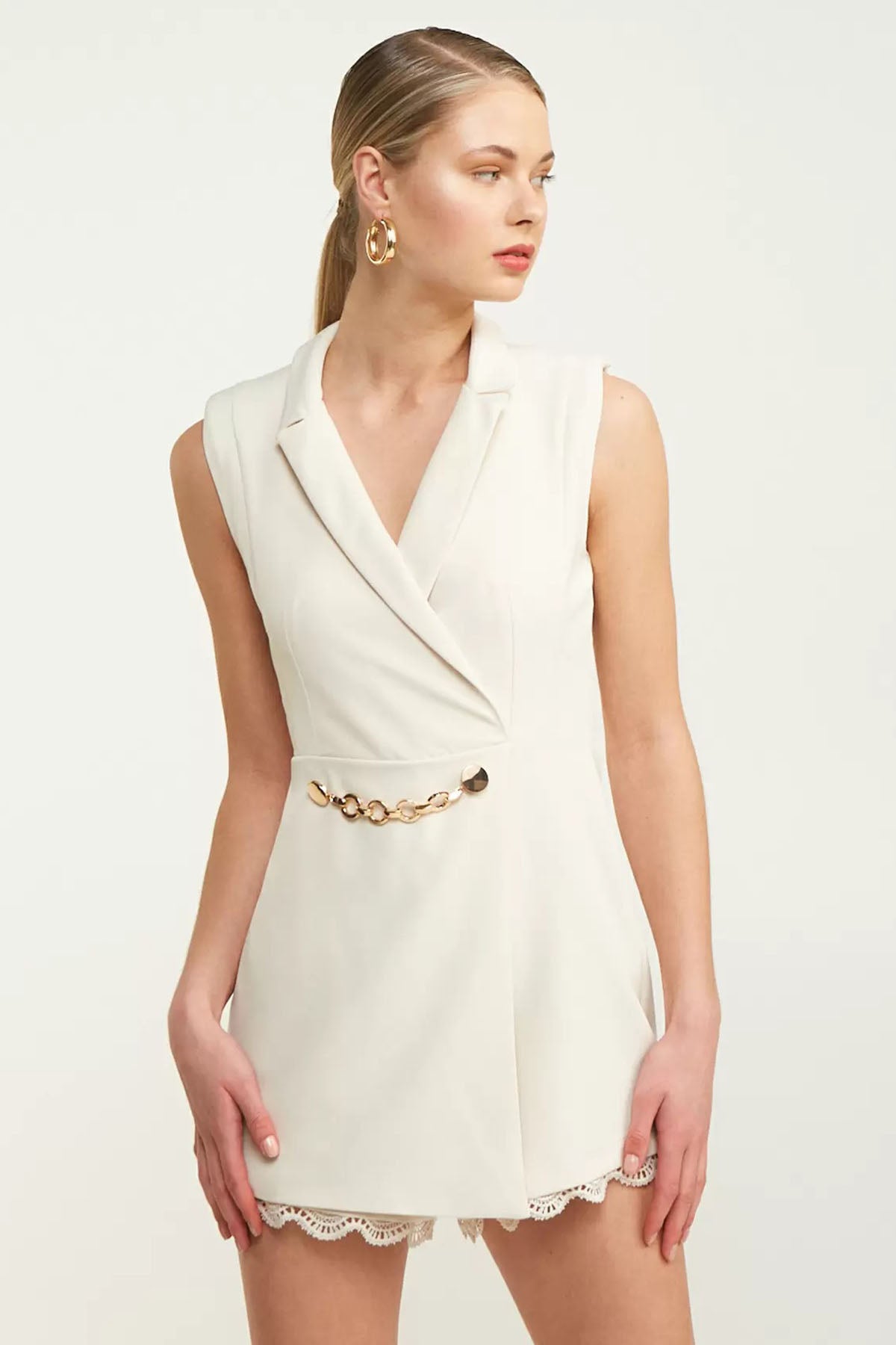 Lynne Metal Aksesuarlı Kruvaze Mini Tulum-Libas Trendy Fashion Store