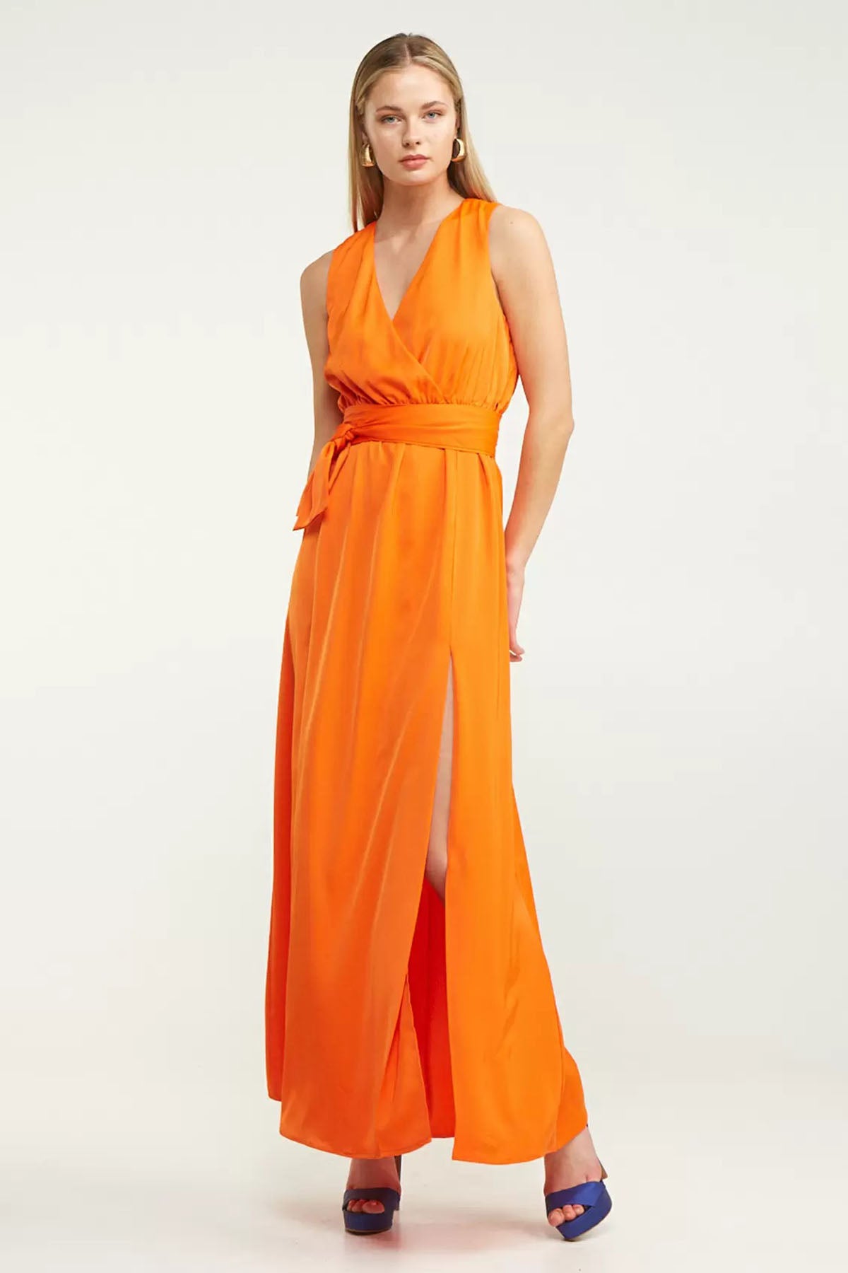 Lynne V Yaka Belden Kuşaklı Maxi Elbise-Libas Trendy Fashion Store