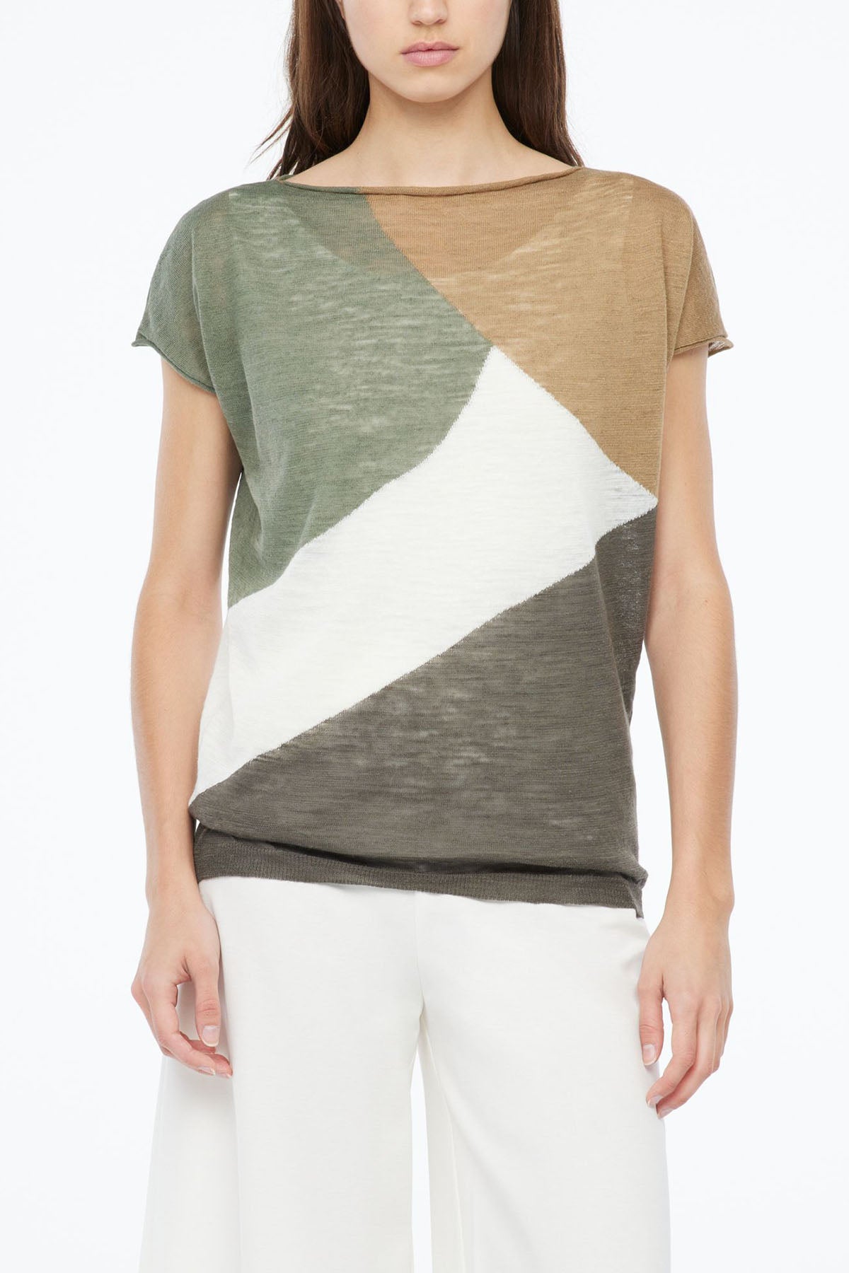 Sarah Pacini Ketenli Kayık Yaka Renkli Örme Bluz-Libas Trendy Fashion Store