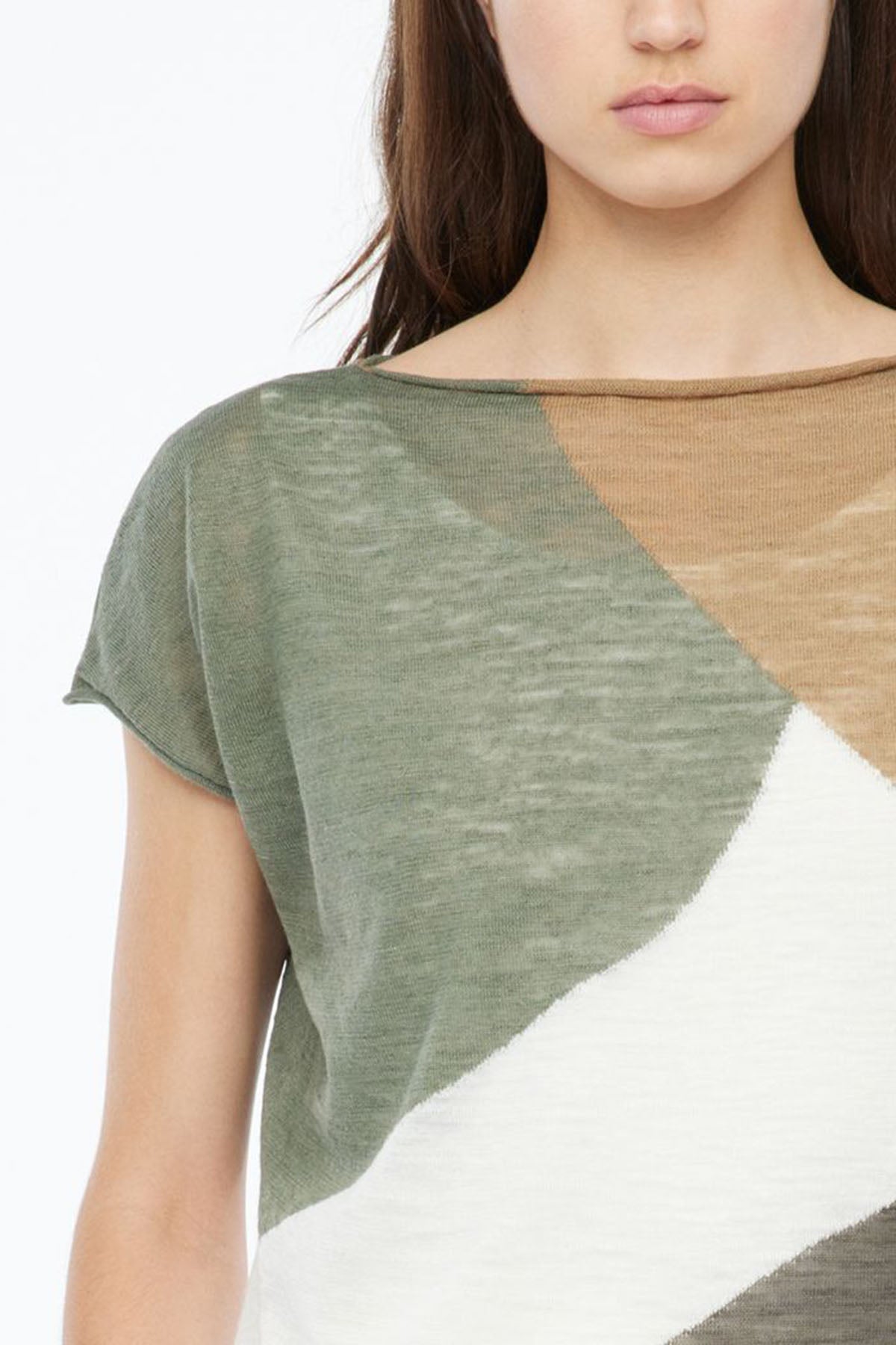 Sarah Pacini Ketenli Kayık Yaka Renkli Örme Bluz-Libas Trendy Fashion Store