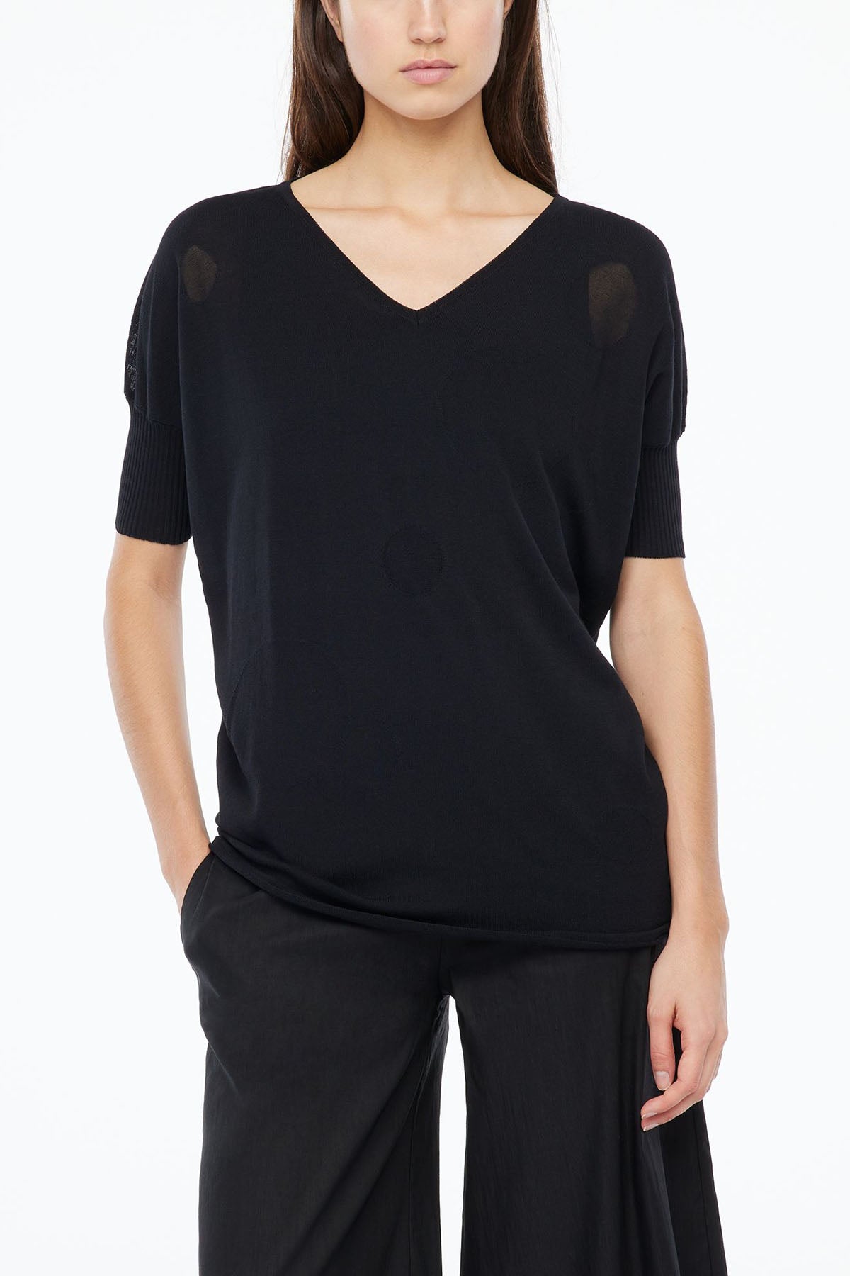 Sarah Pacini Yakma Dairesel Dokulu V Yaka Örme Bluz-Libas Trendy Fashion Store