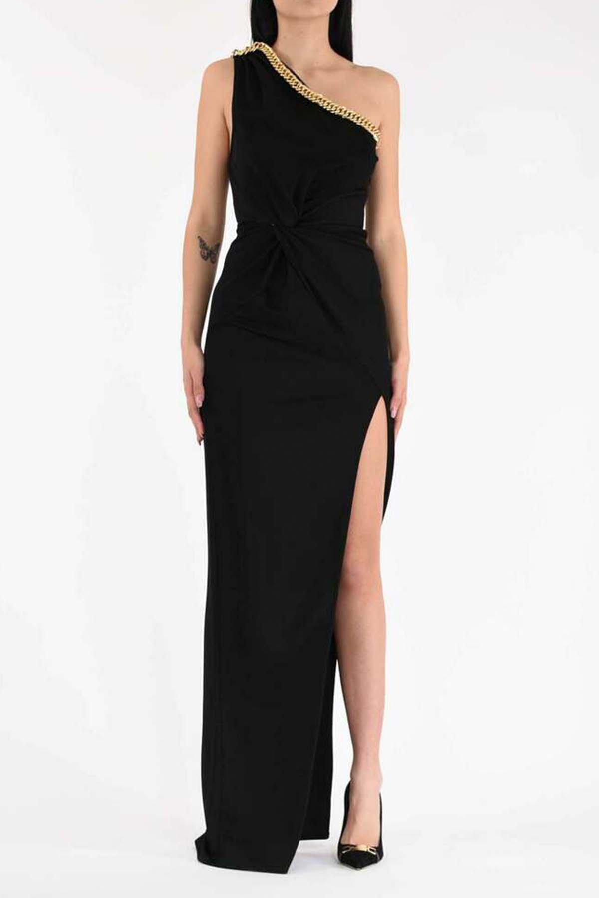 Elisabetta Franchi Tek Omuz Zincir Aksesuarlı Uzun Elbise-Libas Trendy Fashion Store