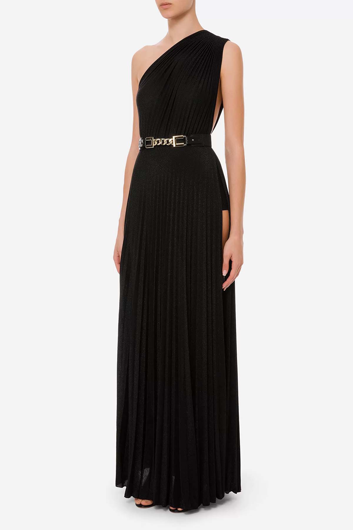 Elisabetta Franchi Kemerli Ve Piliseli Tek Omuz Uzun Elbise-Libas Trendy Fashion Store