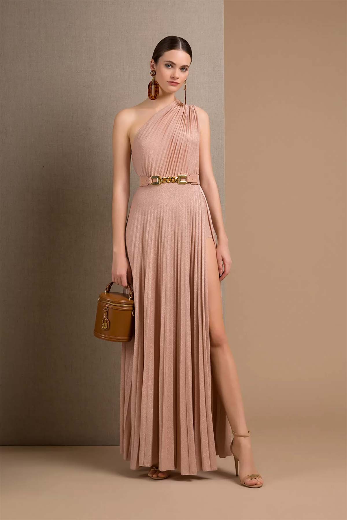 Elisabetta Franchi Kemerli Ve Piliseli Tek Omuz Uzun Elbise-Libas Trendy Fashion Store