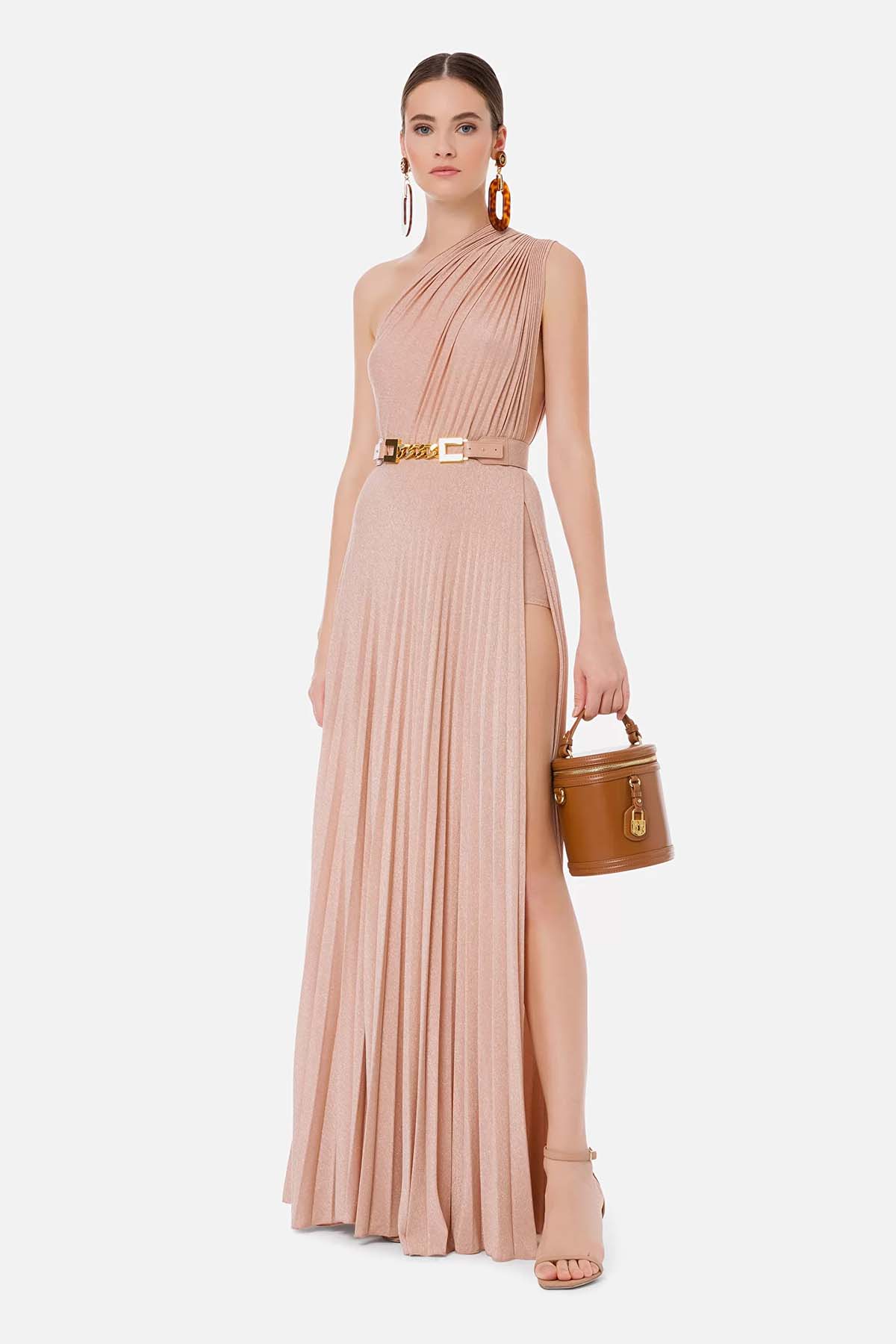 Elisabetta Franchi Kemerli Ve Piliseli Tek Omuz Uzun Elbise-Libas Trendy Fashion Store