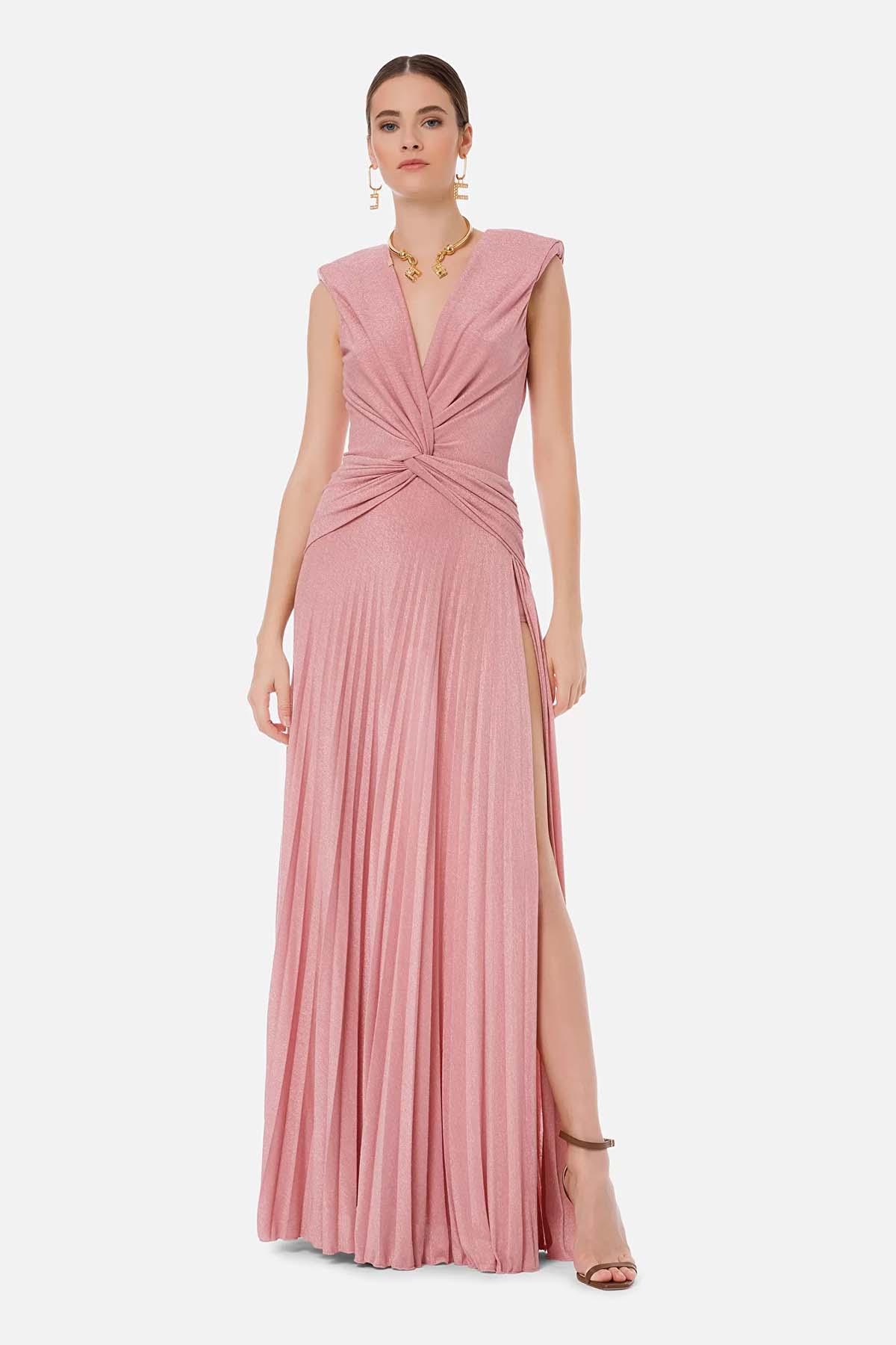 Elisabetta Franchi Drape Ve Pilise Uzun Elbise-Libas Trendy Fashion Store