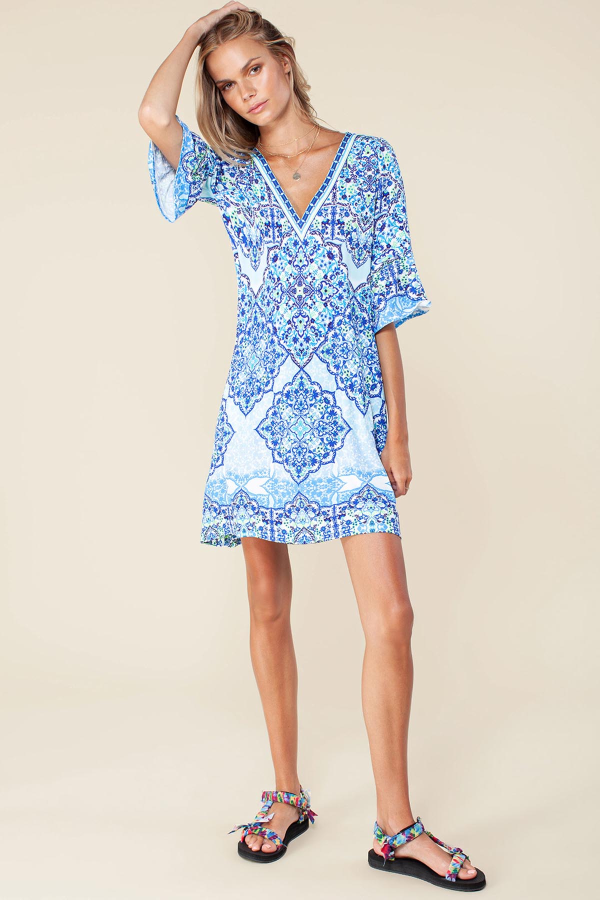 Hale Bob V Yaka Desenli Dizüstü Elbise-Libas Trendy Fashion Store