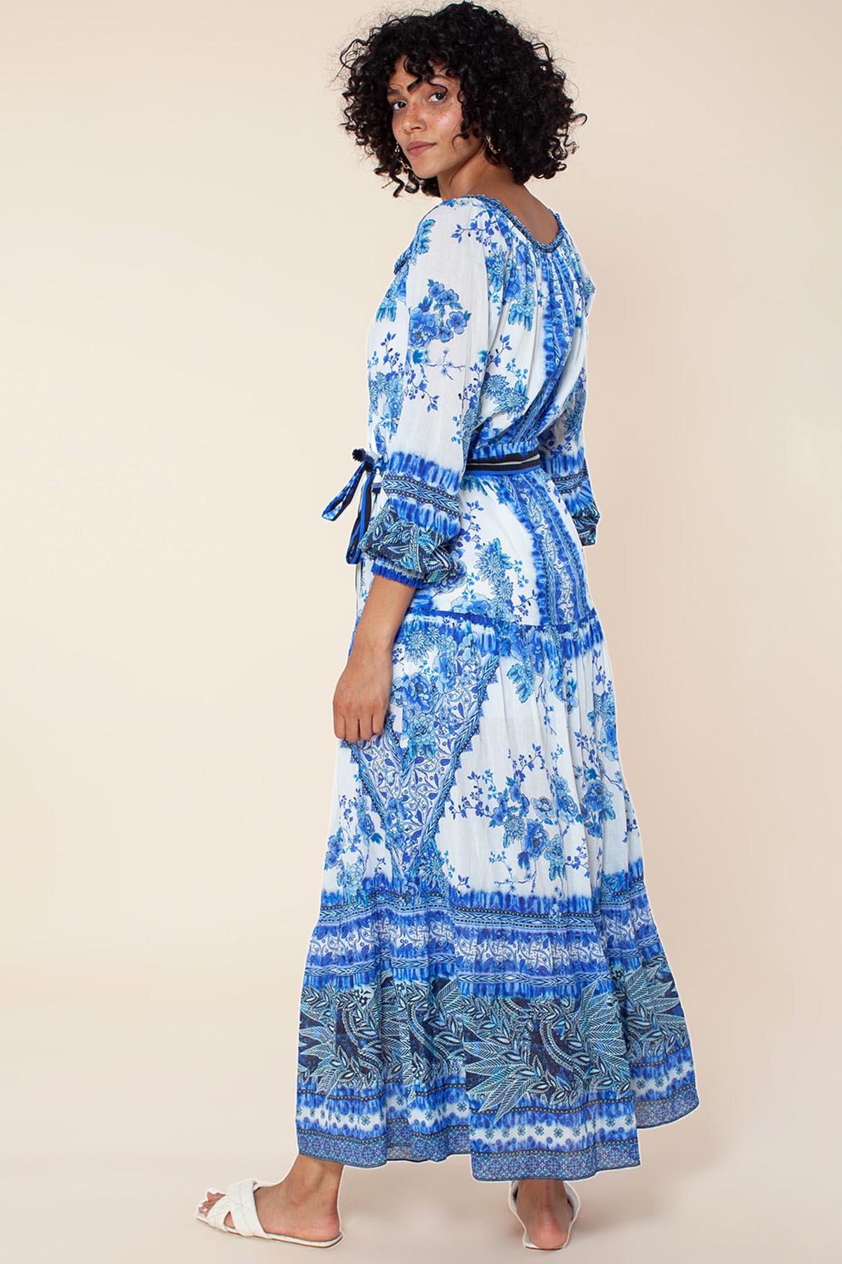 Hale Bob Desenli Belden Kuşaklı Maxi Elbise-Libas Trendy Fashion Store