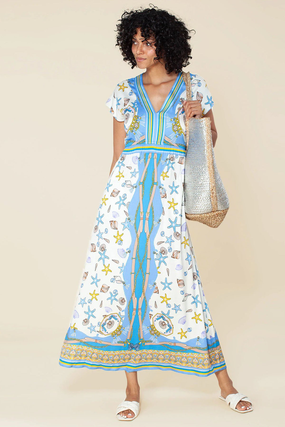 Hale Bob V Yaka Desenli Maxi Elbise-Libas Trendy Fashion Store