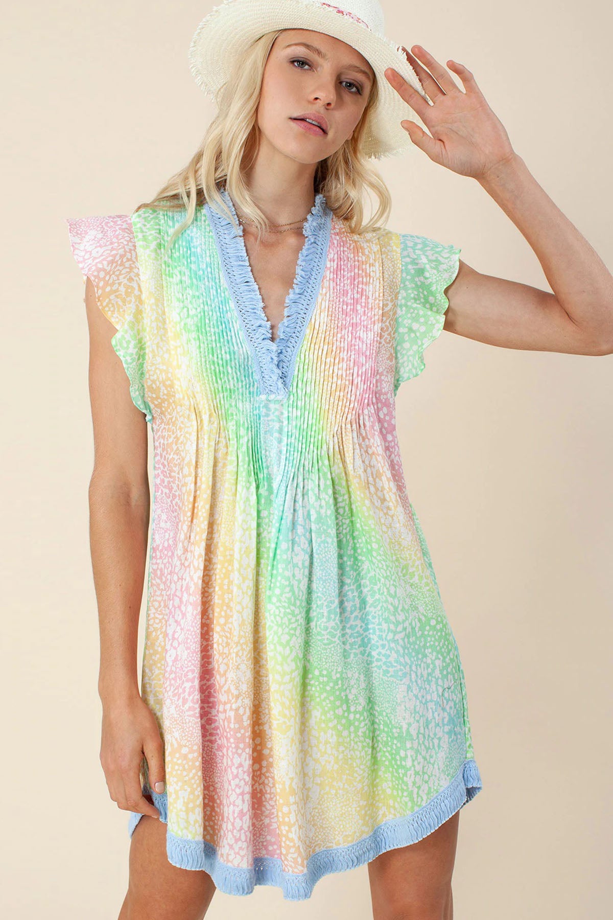 Hale Bob V Yaka Pileli Keten Mini Elbise-Libas Trendy Fashion Store