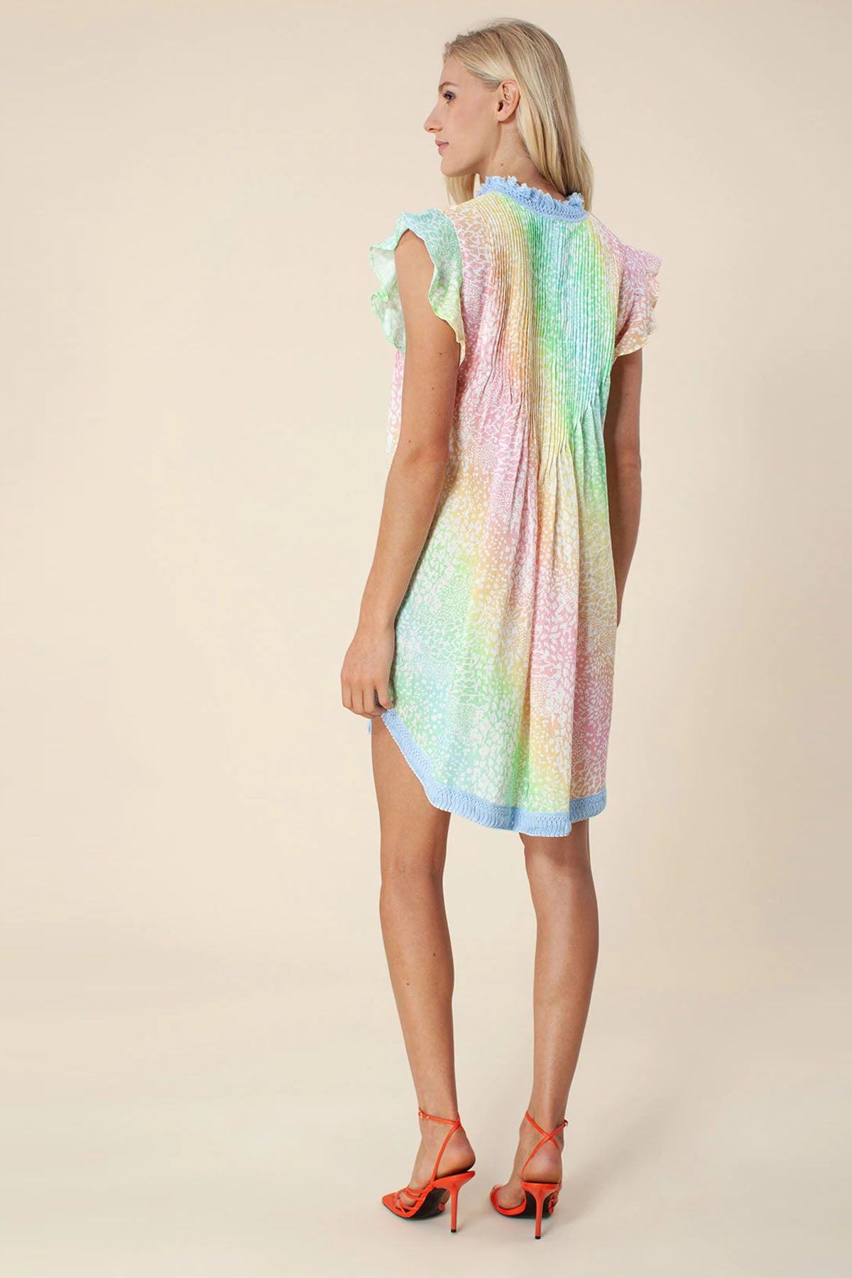 Hale Bob V Yaka Pileli Keten Mini Elbise-Libas Trendy Fashion Store