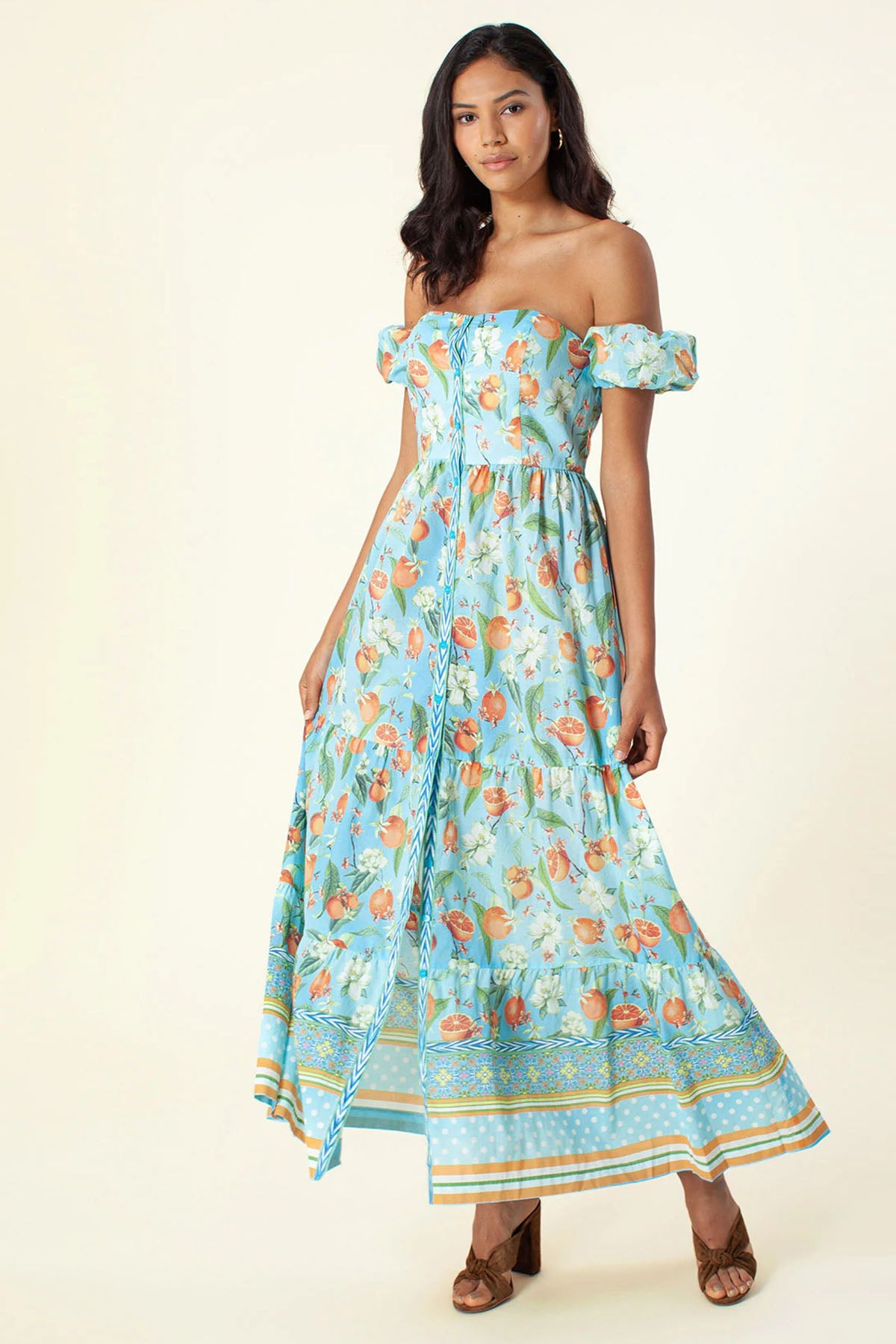 Hale Bob Straplez Portakal Desenli Maxi Elbise-Libas Trendy Fashion Store