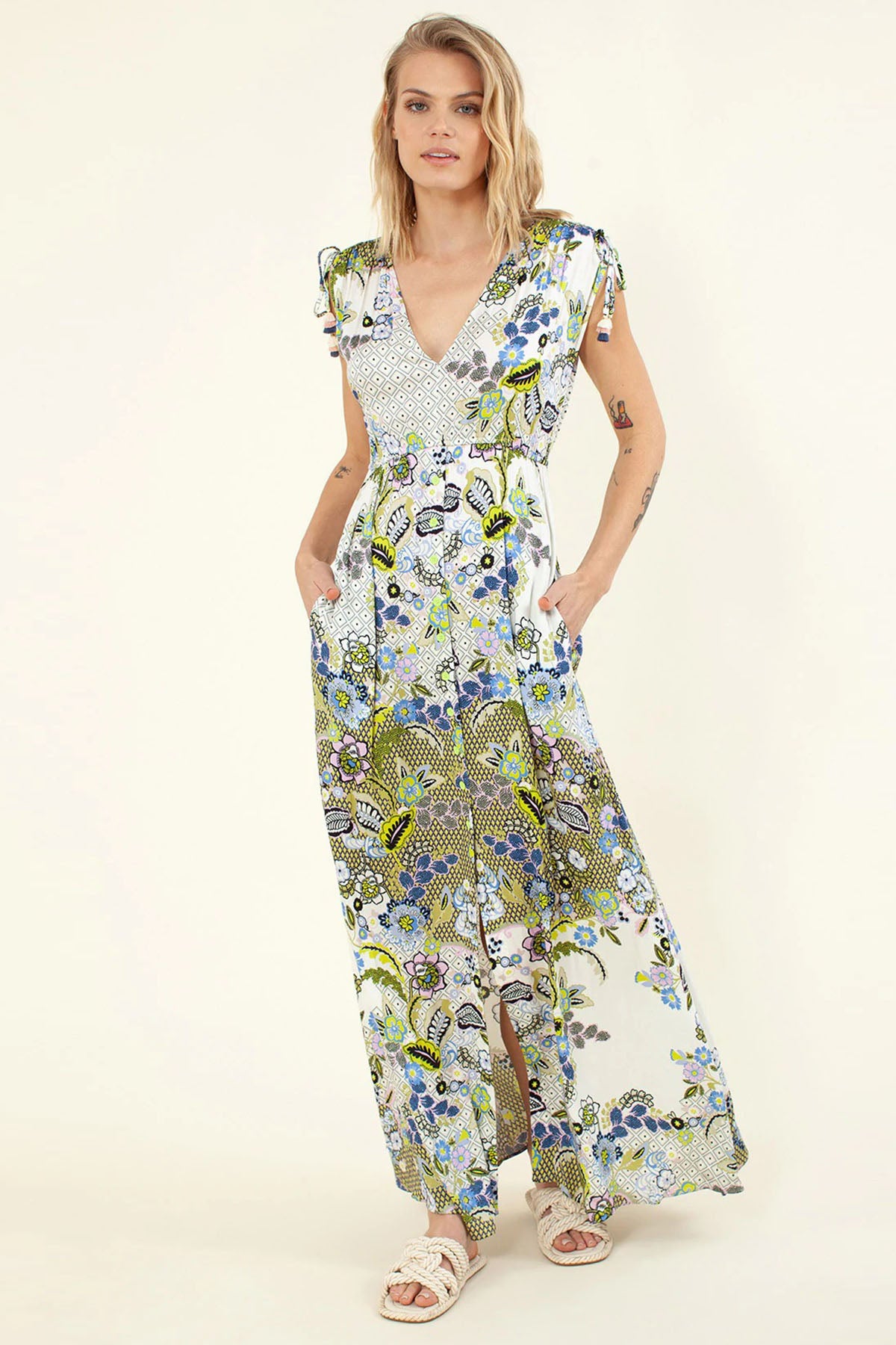 Hale Bob V Yaka Desenli Maxi Elbise-Libas Trendy Fashion Store