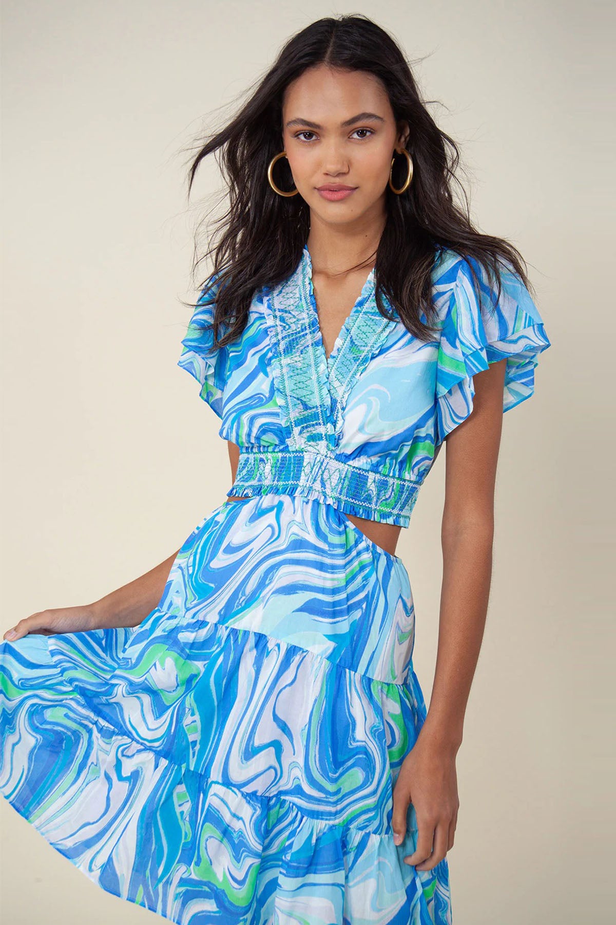 Hale Bob V Yaka Desenli Mini Elbise-Libas Trendy Fashion Store